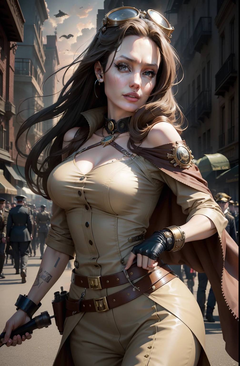 Angelina Jolie as steampunk lady, steampunk, army marching, crowd, sunset, realistic, epic, hd, pov, background: parade, steampunk city, airships