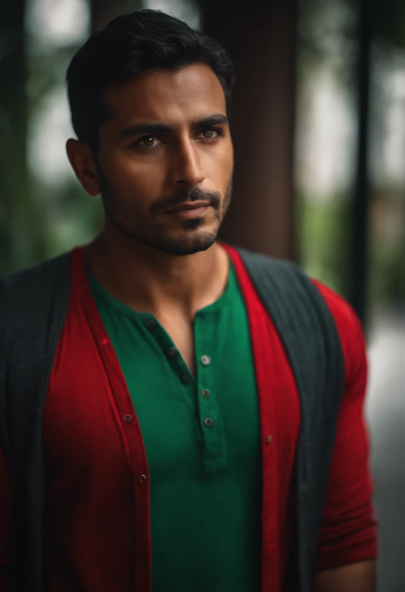 Profil picture of a latino man with green eyes. Red shirt. Realist