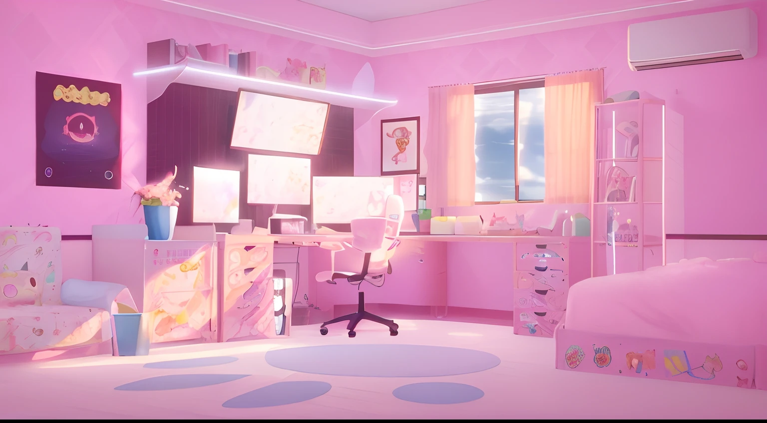 there is a room with a desk, cadeira, e uma cama, kawaii hq render, fundo do quarto pessoal, anime aesthetic, arte de fundo do anime, Fundo do anime, estilo anime. 8k, anime vibes, Estilo anime 3D realista, estilo de conjunto de anime, estilo anime 4K, anime. soft lighting, anime estilo 3d, Elogio Artstyle, animation style rendering