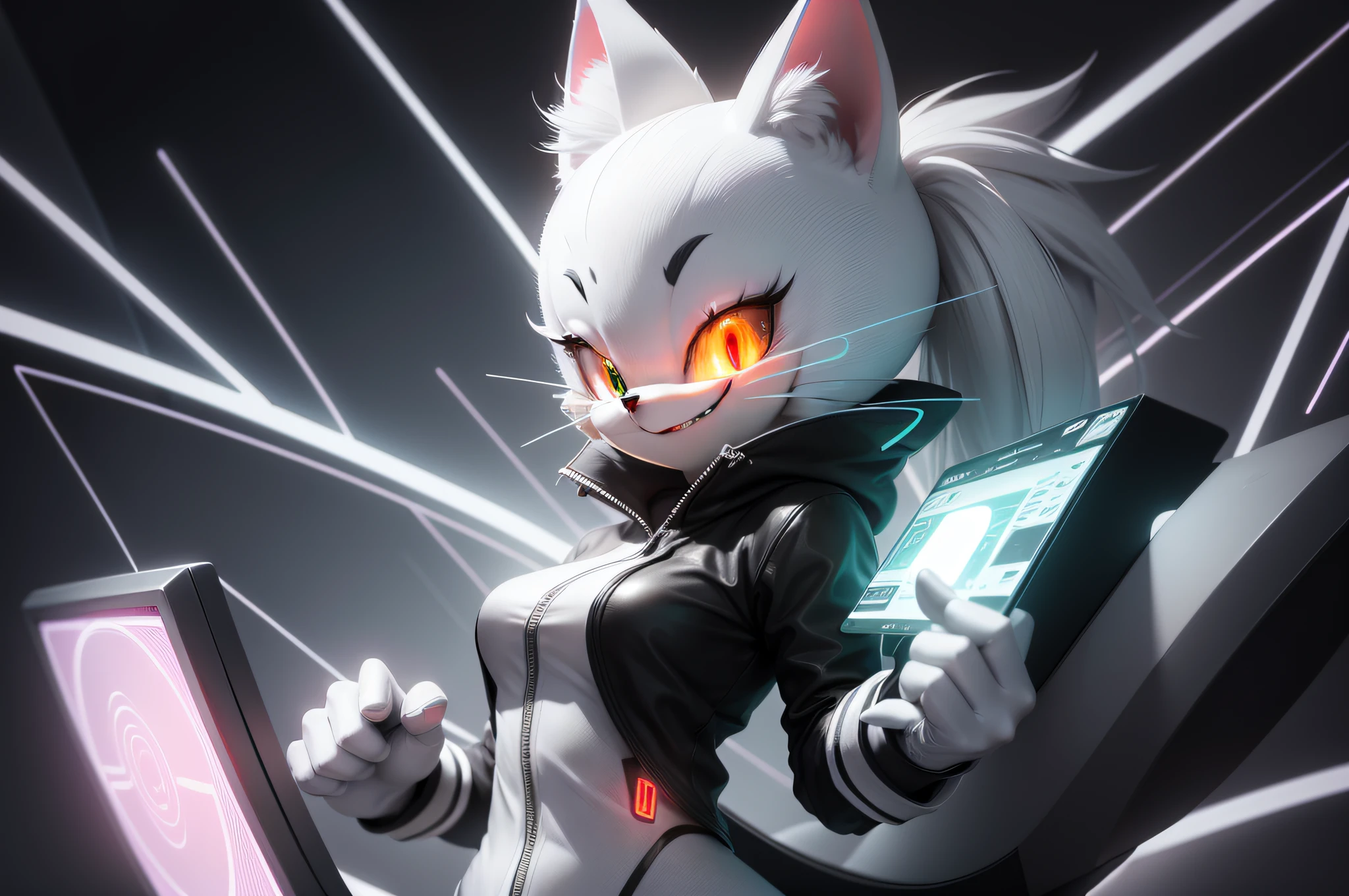 high quality digital art, white and grey neon lines sketch art, black background, a female anthropomorphic cat from Sonic the hedgehog who has glowing red eyes, holding a computer chip, smiling evilly, wispy lines, smoky.