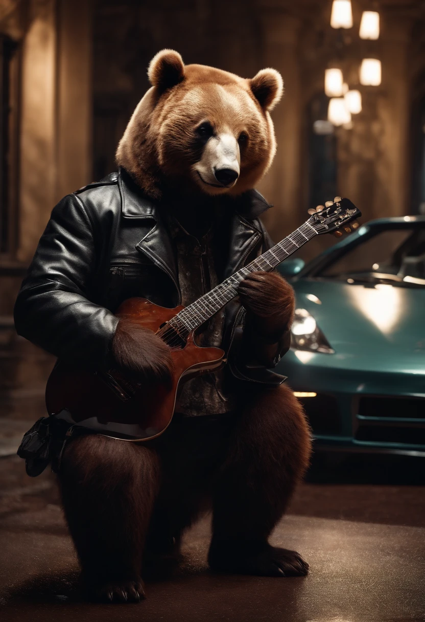 The bear drinking wine wearing a punk style leather jacket Panda wrist with a guitar in front of a luxury car excellent quality no longer realistic reality ultra realistic lighting quality excellent full HD 10k