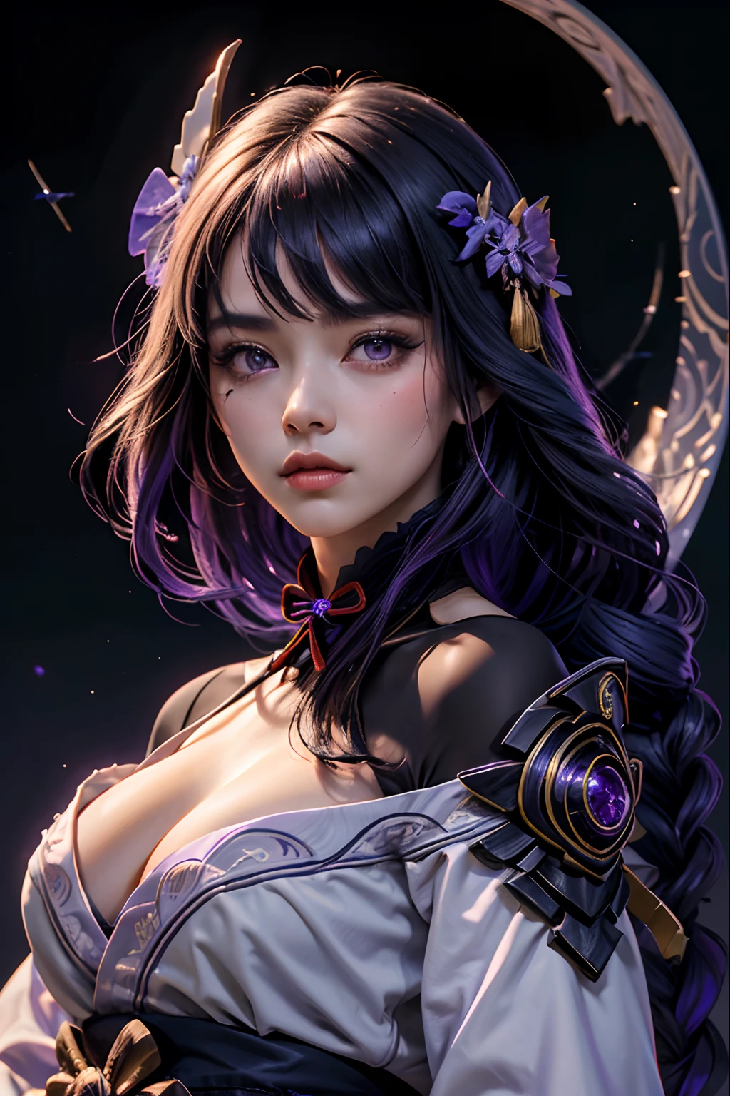 best quality, masterpiece, highres, 1girl,female,solo, mature female, raiden, 1girl, \n/, very long purple hair purple braid, hanfu,black clothes shoulders,(collarbone:0.9), hanfu,tang style, long black stockings, solo, full body, white kimono with purple details, purple space stars galaxy on background, ((portrait face closeup))