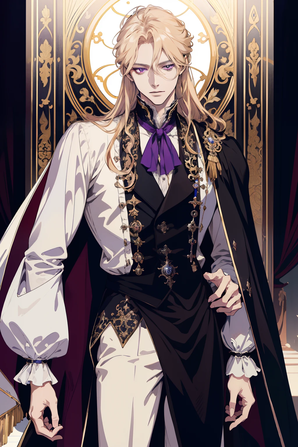 (absurdres, highres, ultra detailed), 1 male, adult, (absurdres, highres, ultra detailed), 1 male, adult, handsome, tall muscular guy, broad shoulders, finely detailed purple eyes and detailed face, long blond hair, large 18th-century baroque mansion, garden, nobleman, aristocratic, elegant, anime, Victorian er a man in a white shirt and black cape, delicate androgynous prince, beautiful androgynous prince, portrait of magical long blond haired Red eyes prince, regal prince, Phoenix amulet zerochan art, casimir art, highly detailed exquisite fanart, inspired by Li Chevalier, key anime art, trending on artstation pixiv detailed middle aged beautiful detailed