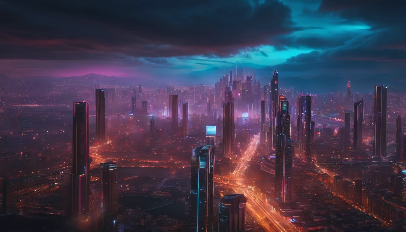 (obra prima) cidade no estilo cyberpunk, illuminated sky, neon light, imagem vista do zero, paisagem ampla, cidade futurista