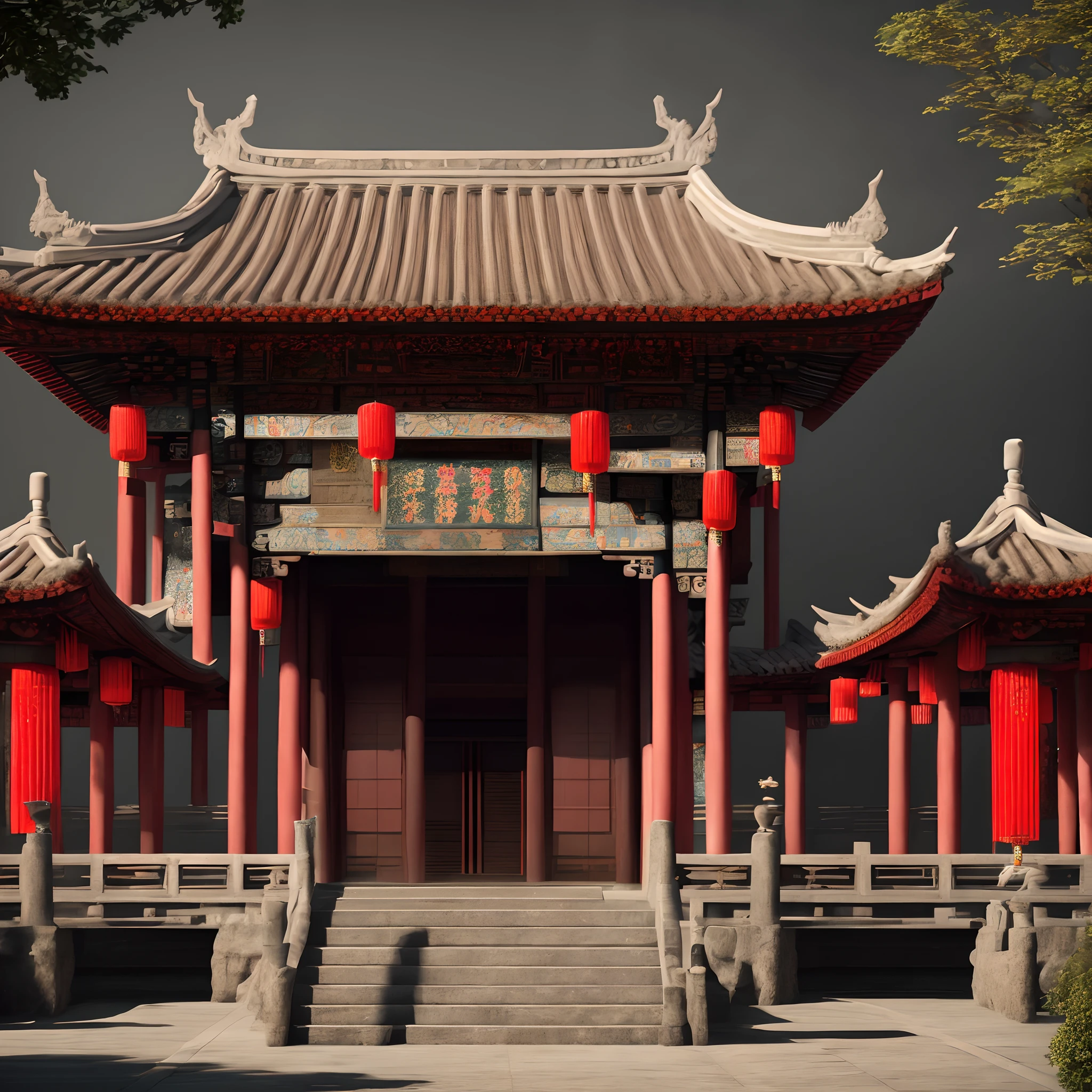 chinese temple with red lampshades, cinematic, 4k, realism,