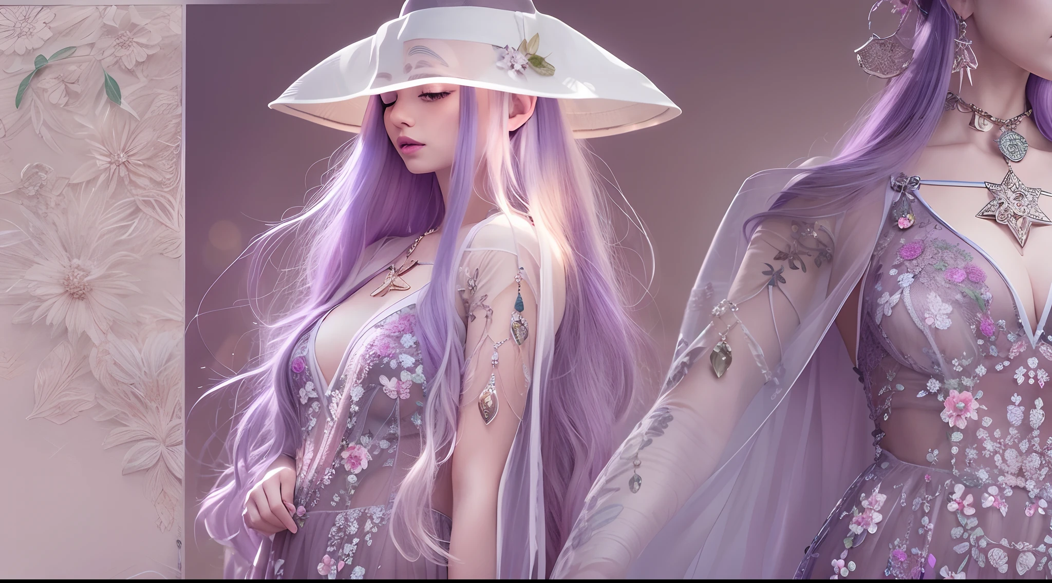 Transparent purple floral pattern maxi dress，Soft natural light，cinematric light，Sideslit，neon light detail，Realistic shadows，elvish ears，Light wind，bucket-hat，Star pupil crystal pendant detail
