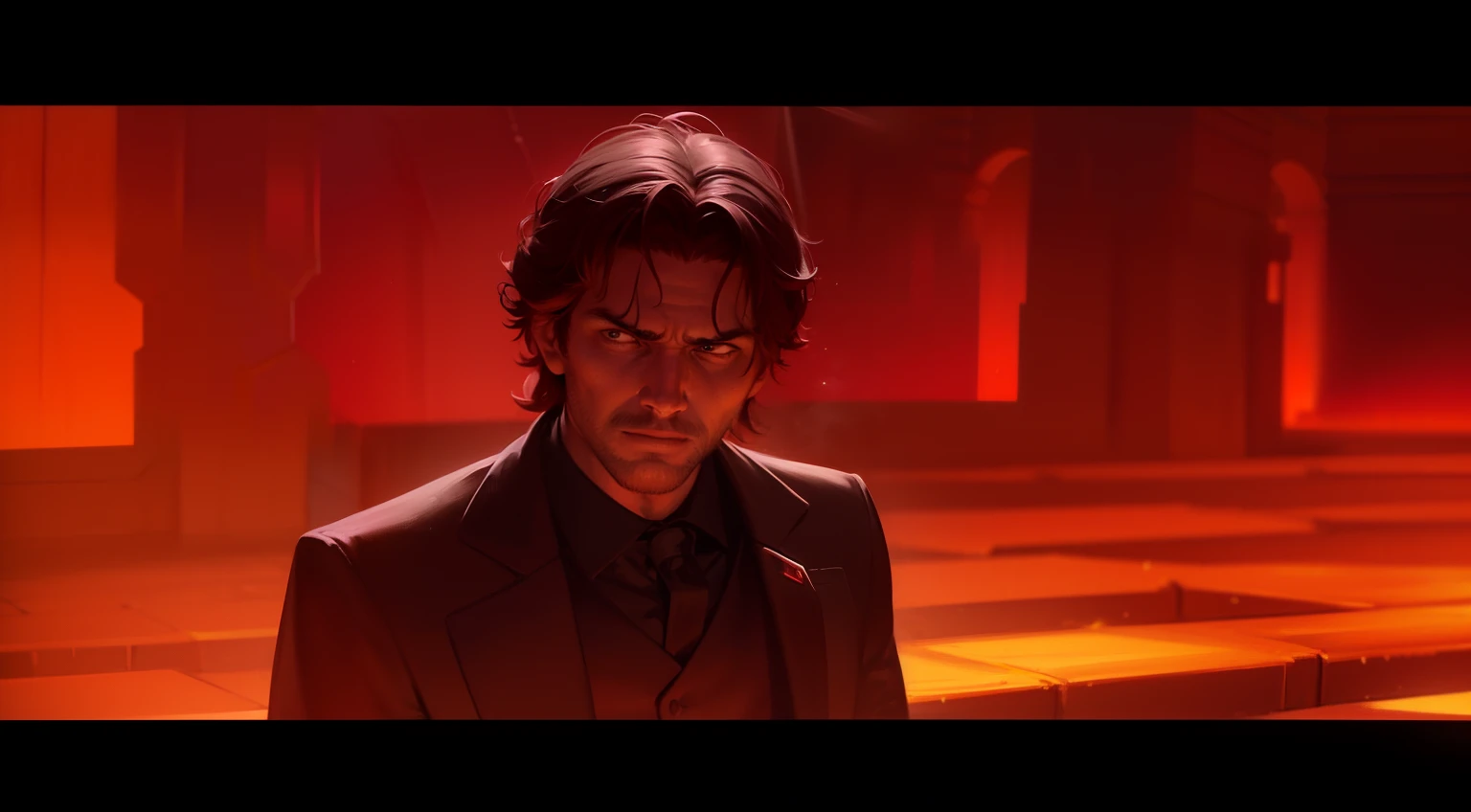 arafed image of a man in a dark suit standing in front of a red background, mustafar, anakin skywalker, revenge of the sith, star wars revenge of the sith, in a star wars sequel, willem dafoe as a sith lord, he's very menacing and evil, movie screenshot from star wars, jacen solo, full scene shot