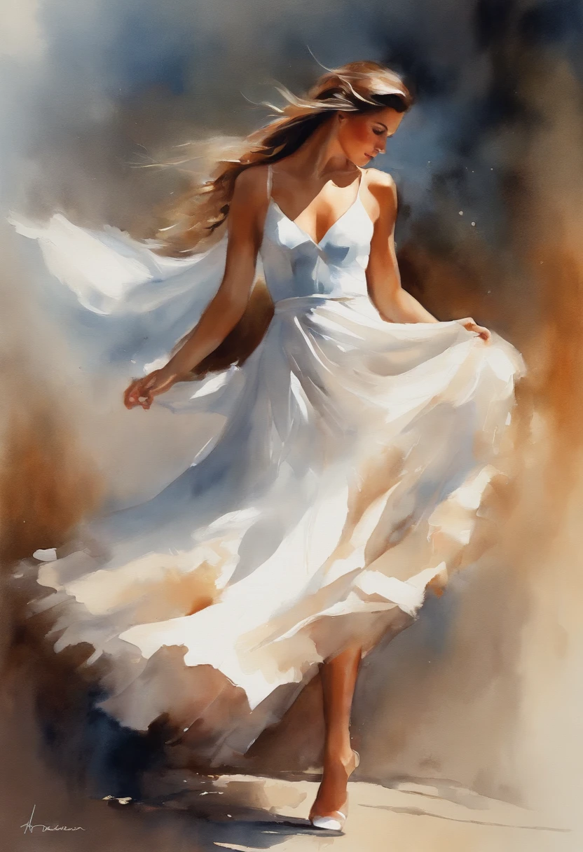 Pintura de una mujer con un vestido blanco bailando, Bailando con gracia, Elegante pintura a la acuarela, Arte digital pintura acuarela, en la primera pintura a la acuarela, inspirado por Olha Darchuk, Arte a la acuarela, Hermoso arte UHD 4 K, Baile sensual, Pintura a la acuarela lisa, Al estilo de Steve Henderson, Steve Henderson, acuarela - pintura, pintura a la acuarela, Elegante pintura digital