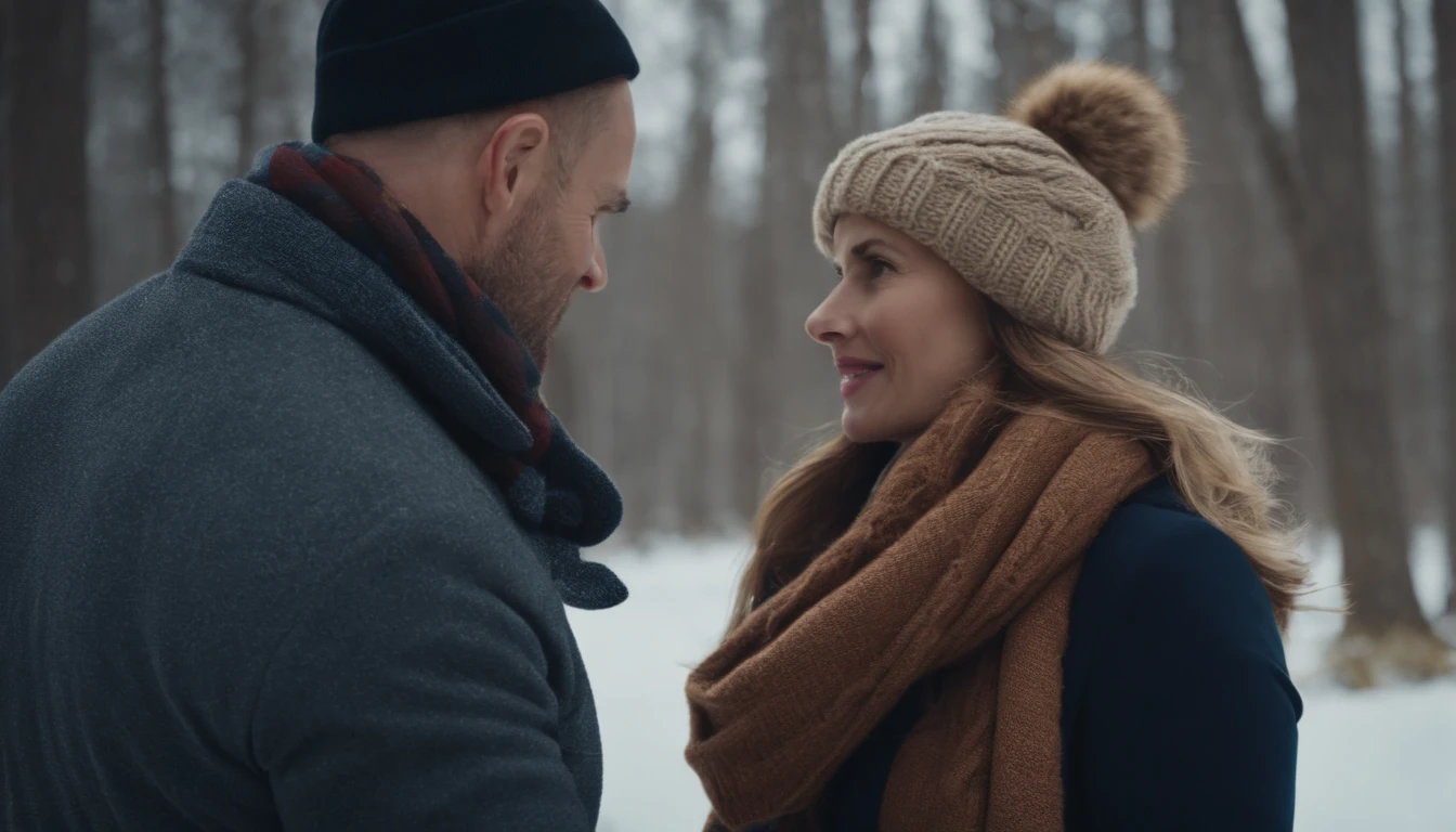 woman in winter and her husband fixing her scarf and putting a hat on her ultra realistic 8k