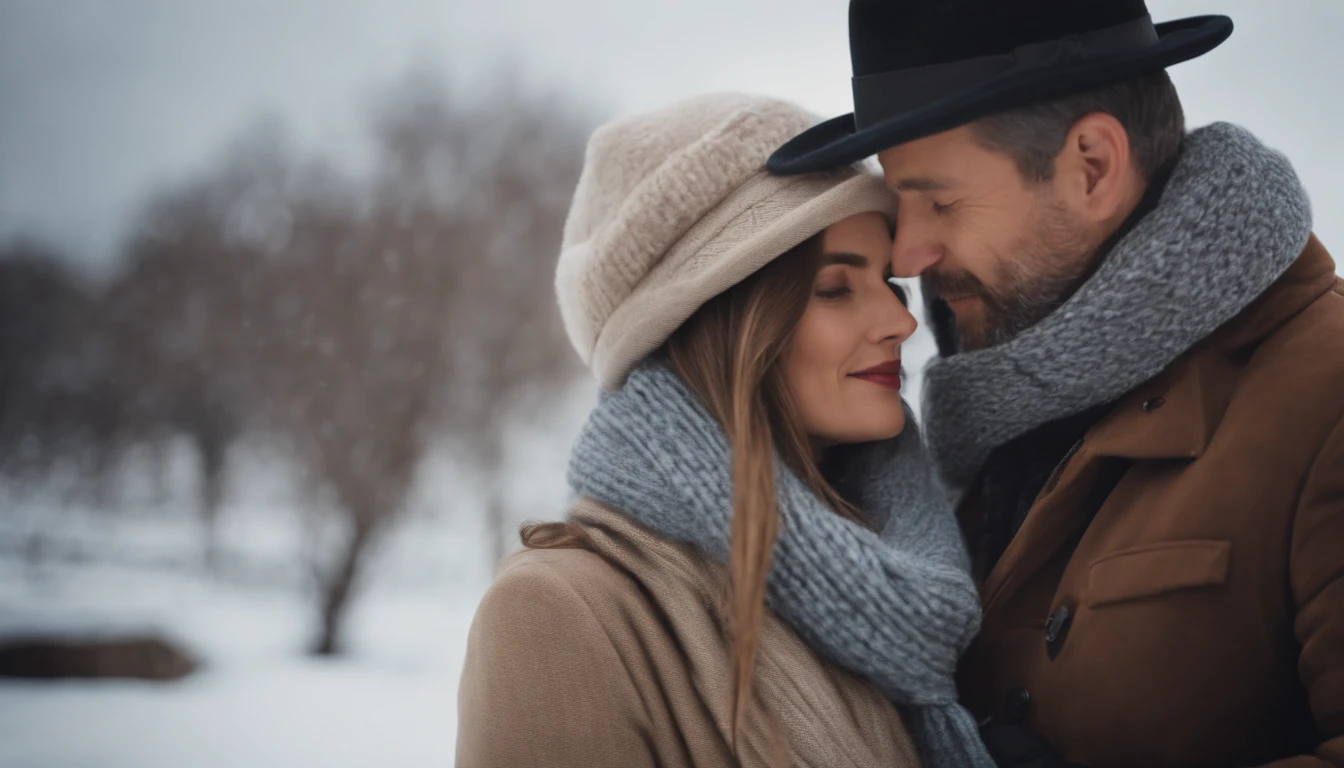 woman in winter and her husband fixing her scarf and putting a hat on her ultra realistic 8k