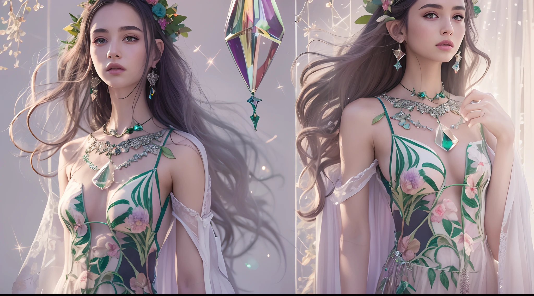 Transparent purple floral pattern maxi dress，Soft natural light，cinematric light，Sideslit，neon light detail，Realistic shadows，elvish ears，Light wind，Temptation star pupil crystal pendant detail，Skysky