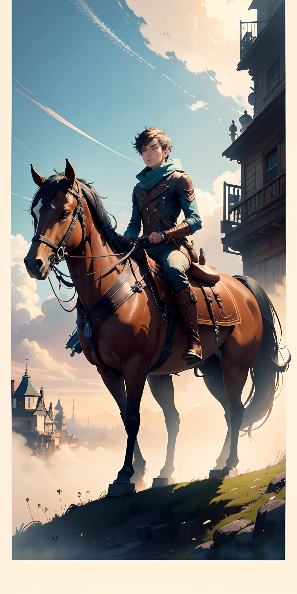(Painting of a sitting on a mechanical horse) com um monte de coisas sobre ele, brian kesinger, Arte no estilo de Guweiz, Directed by: Yoshihiko Wada, Akihiko Yoshida", a beautiful artwork illustration, Jean-Sebastien Rossbach, Guweiz, Directed by: Justin Gerard, Boris Valejo. Octopath Viajante, illustration concept art