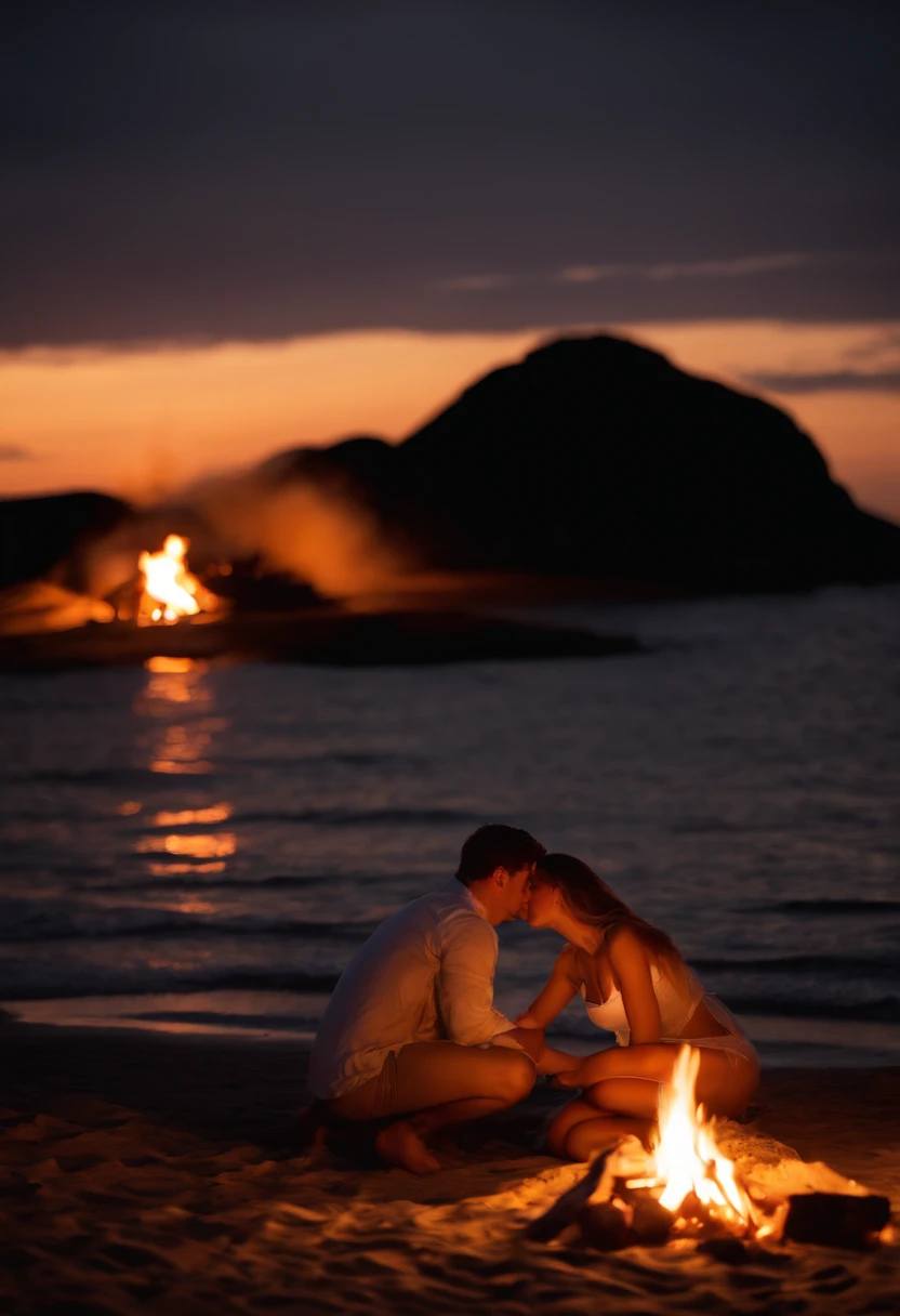 Young couple young couple making love on the edge of the beach in front of a campfire enjoying the moonlight dating beautiful and small breasts excellent quality plus another realistic full HD 10k natural lighting