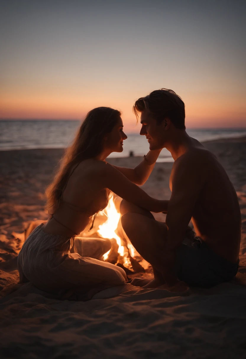 Young couple young couple making love on the edge of the beach in front of a campfire enjoying the moonlight dating beautiful and small breasts excellent quality plus another realistic full HD 10k natural lighting