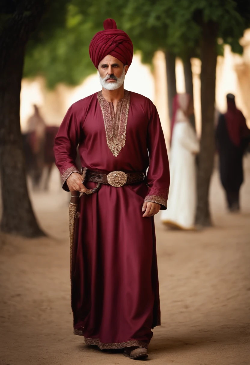 an ottoman pasha has a big turban on his head the color of the turban is white and burgundy very realistic on his horse like a real photograph he has an ottoman sword in his hand angry looking eyes an imposing stance very realistic he is wearing a thick ottoman caftan on his photo very realistic like a scene from a movie he has a long muslim beard dark auburn muscular man his muscles are big scary close-up facial features very distinct eyes and face very distinct caftan long very realistic very angry looking very angry very angry 60 years old