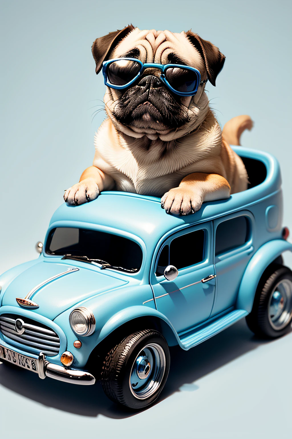 Funny pug dog and cat with sunglasses in toy car on light blue background