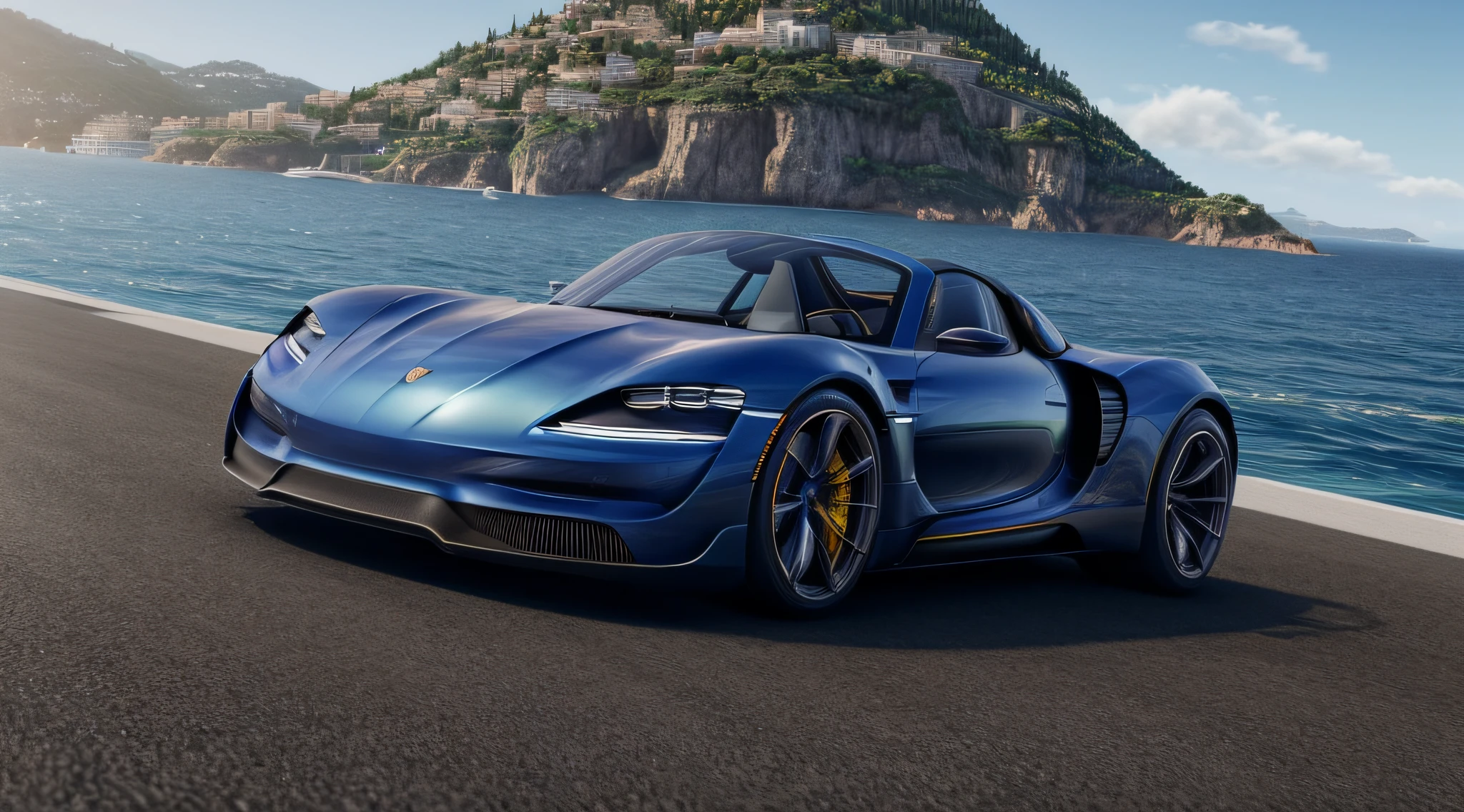 photorealistic physically and optically correct perfect hightech presentation photo, 8k, hdr, highest quality, insane intrique details, ((german sportscar coupe Porsche 718 Spyder RS" in Martini racing design)), car standing outside in front of a luxury villa with blue water pool, (landscape of monaco with casino in backround), highly detailed steet surface, realistic highly detailed drawn ocean waves, sunny day, azure blue clear sky, top-front view, photorealistic center, elegant, vfx, aesthetic, technically correct perfect hypercar pfoto, extreme photorealism, effect lacquer, pearlescent paint, ultra complex photorealistic scenery, perfect photorealistic lighting shadows and reflections, ultra quality, maximal details.