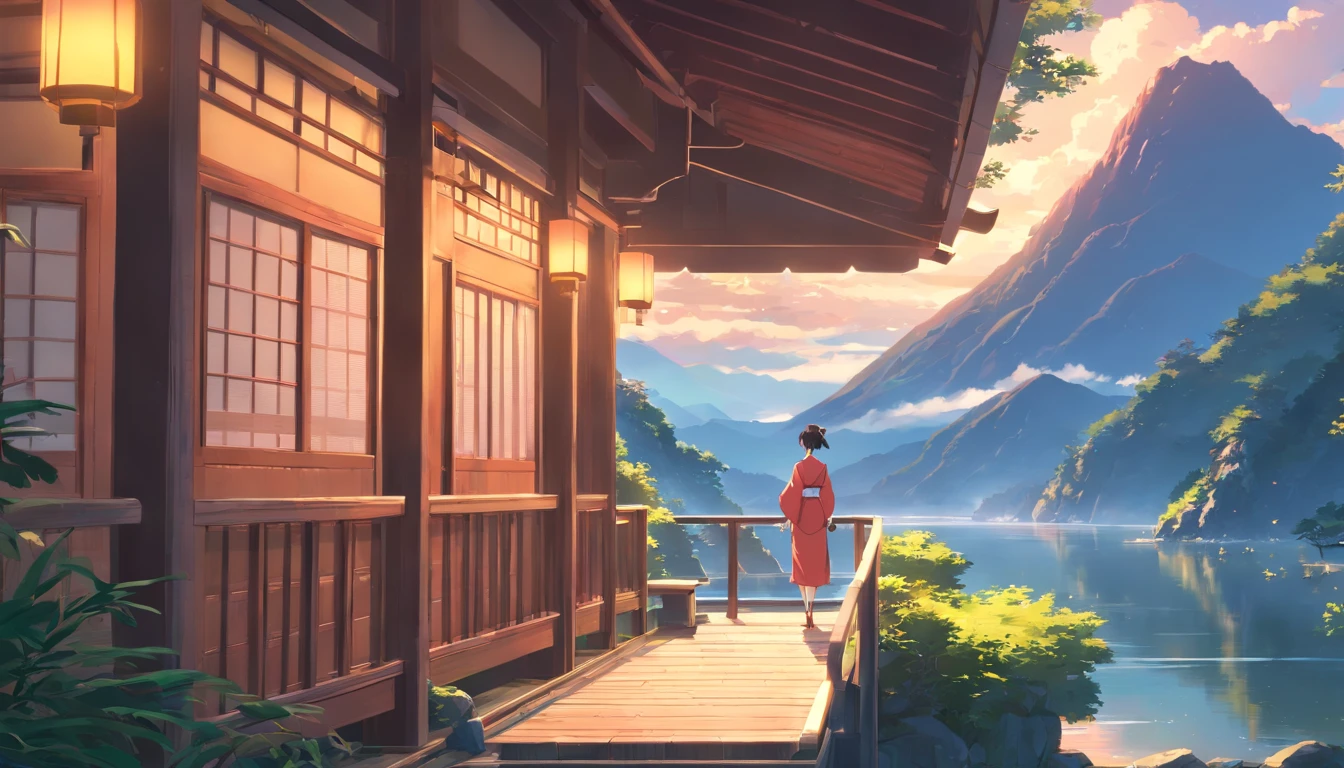 atmospheric perspective, cinematic lighting, award winning, best quality, 16k,Mountains and rivers, Pine, pergola, Small Chinese architecture, Red-crowned crane, A beautiful sky, Cloud,