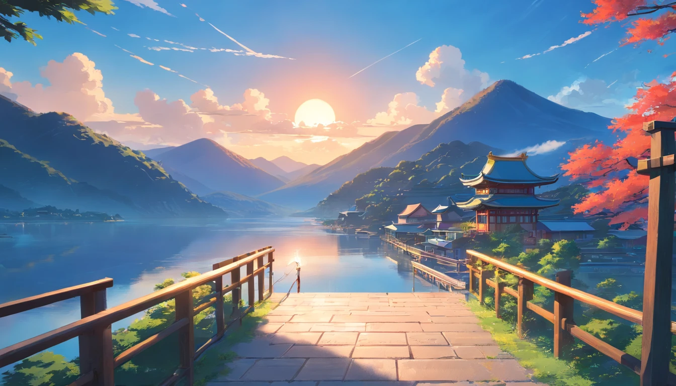 atmospheric perspective, cinematic lighting, award winning, best quality, 16k,Mountains and rivers, Pine, pergola, Small Chinese architecture, Red-crowned crane, A beautiful sky, Cloud,
