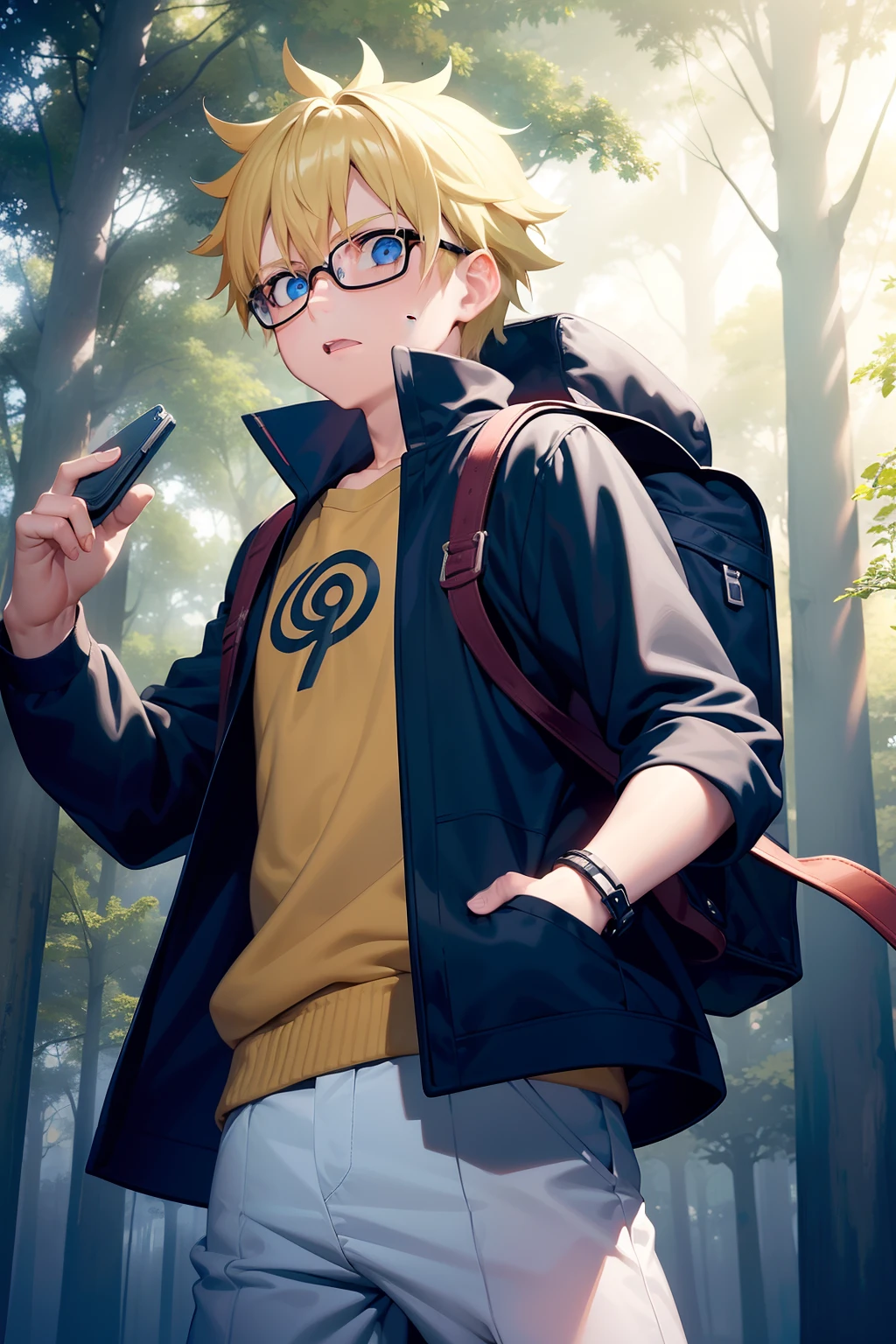 Create for me an art of a boy in a dark forest, with a backpack on his back and a treasure map in his hand, dense and dark forest emanating fear, short yellow boy, blue eyes, with a strong determination, wearing glasses, Uzumaki Naruto