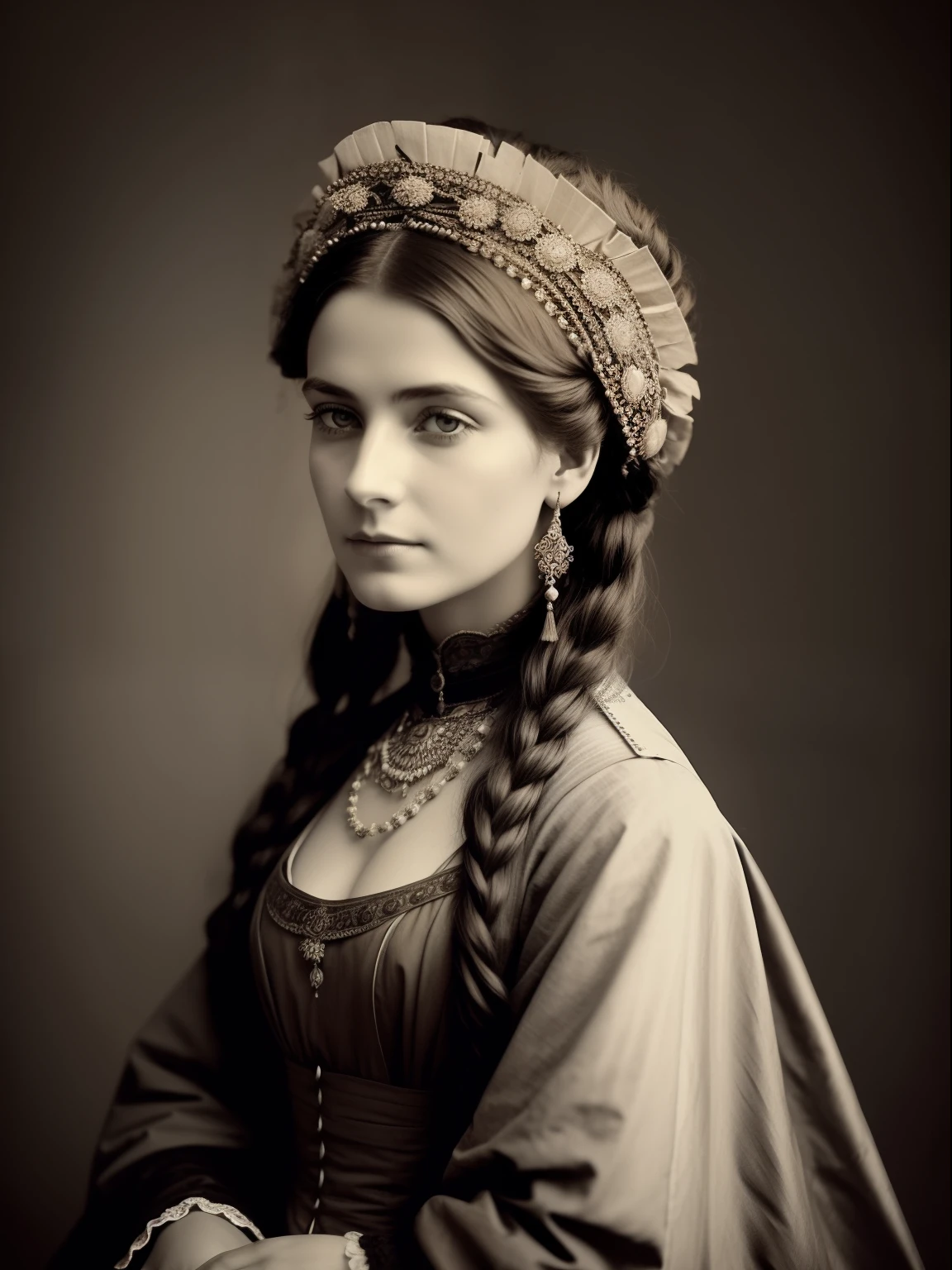 (Masterpiece) An insanely beautiful Victorian lady nomad with rich flowering headdress, vintage sepia photography, very old and torned photo