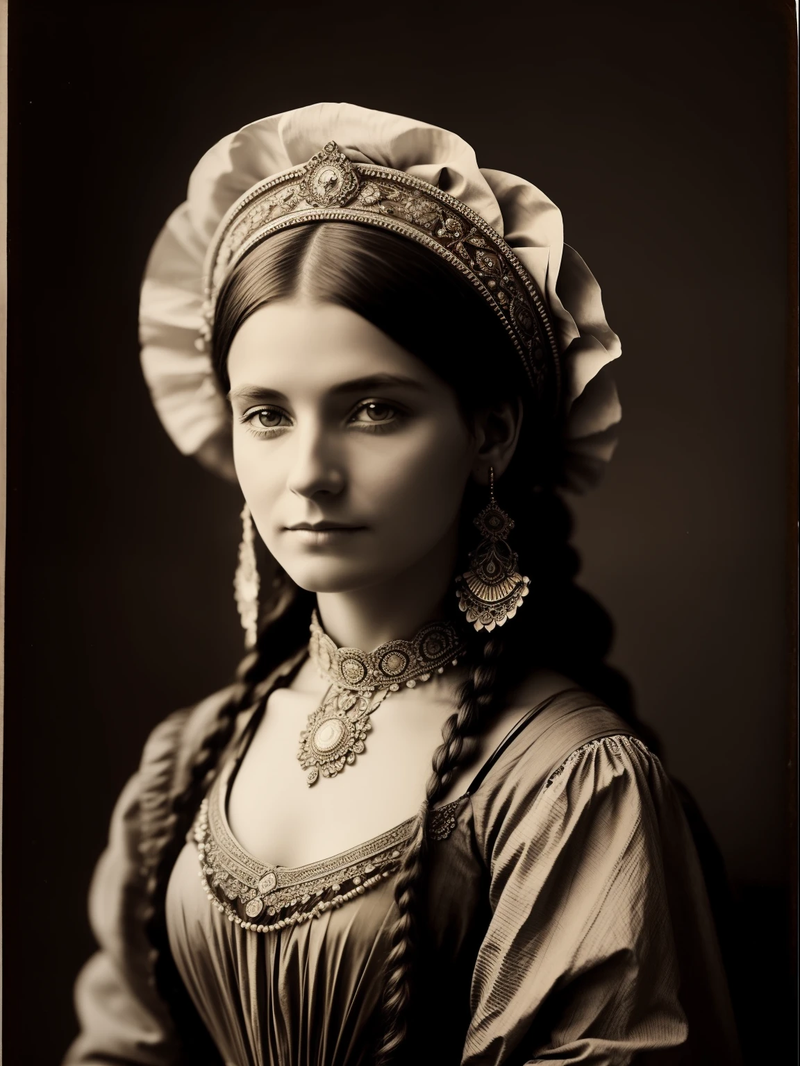 (Masterpiece) An insanely beautiful Victorian lady nomad with rich flowering headdress, vintage sepia photography, very old and torned photo