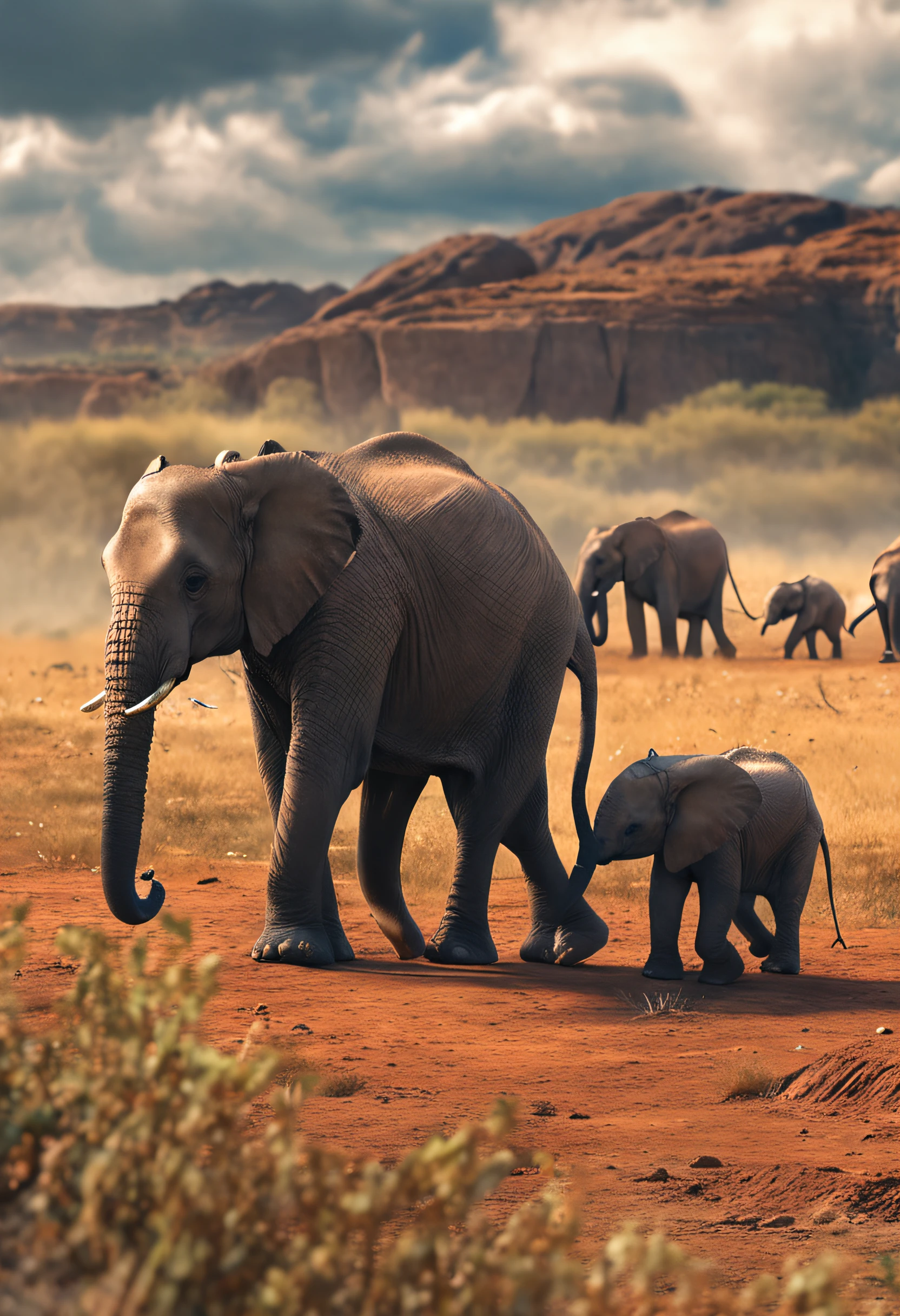 In the daytime, 2 elephants, 3 baby elephants, Boundless steppe, afro, In the daytime, wide wide shot, high qulity, Faraway view, River side