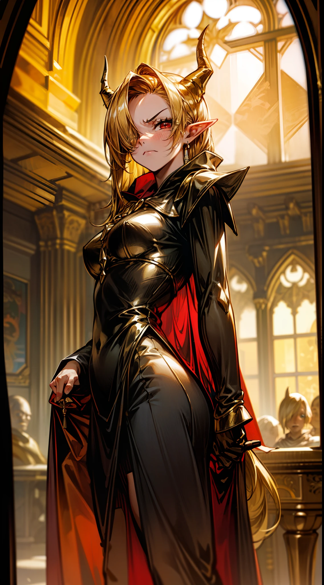 1woman,40s,solo,angry face,golden and black short dress,medium tits,golden hair,long hair,red eyes,elves ears,golden horns,((cape)),hair over one eye,(((standing in front of a window inside a castle))),(((portrait)))