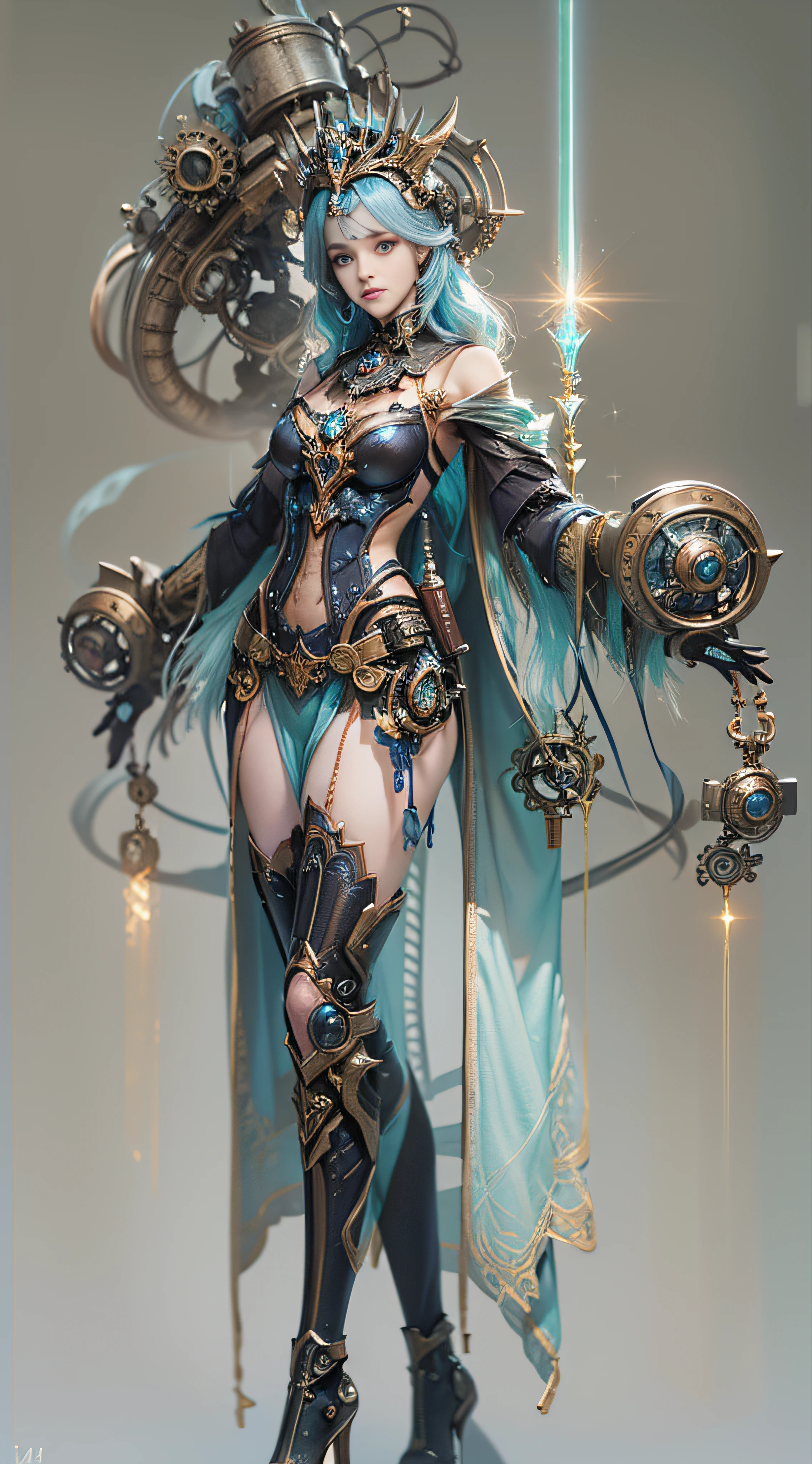 (((Masterpiece, top quality, super detailed))), (((One endless mage girl, , radiating magic))), (((complex mechanical headgear, complex mechanical steampunk fashion and overdecorated gothic fashion and neon glitter cyberpunk fashion fusion of))), bust-up photos, (((( very detailed face))), (((very sharp focused eyes))), very large slit dark gray eyes that shine like jewels. Very long eyelashes, long dark hair in vertical curls, thick bangs, perfect princess cut, very gorgeous tiara, (((perfectly accurate human anatomy))), long neck, narrow shoulders, long slender arms, small breasts, very narrow waist, very small buttocks, long slender legs, (((overall accuracy has been dramatically improved, creating super detailed, realistic and realistic images)))), (((magic, magic spell light, magic weapon))), dynamic poses, cinematic lighting,