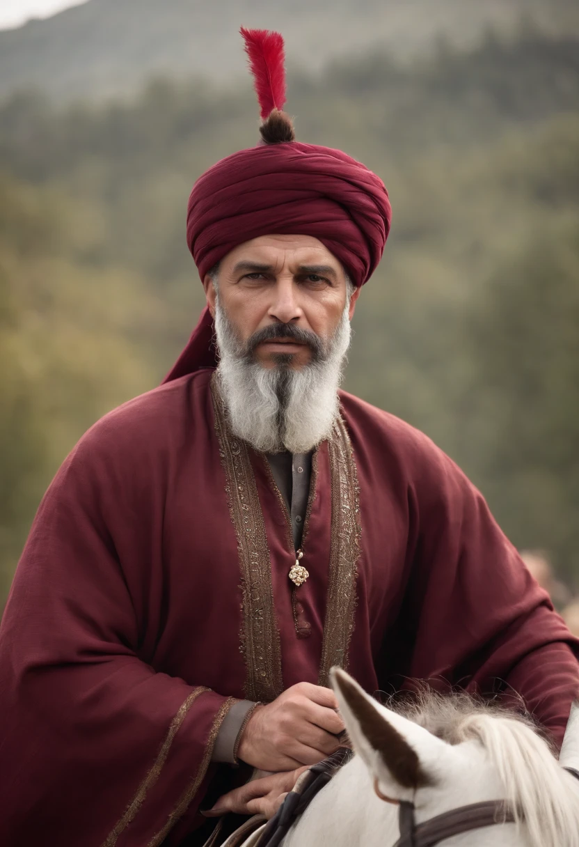 an ottoman pasha has a big turban on his head the color of the turban is white and burgundy very realistic on his horse like a real photograph he has an ottoman sword in his hand angry looking eyes an imposing stance very realistic he is wearing a thick ottoman caftan on his photo very realistic like a scene from a movie he has a long muslim beard dark auburn muscular man his muscles are big scary close-up facial features very distinct eyes and face very distinct caftan long very realistic very angry looking very angry very angry 55 years old