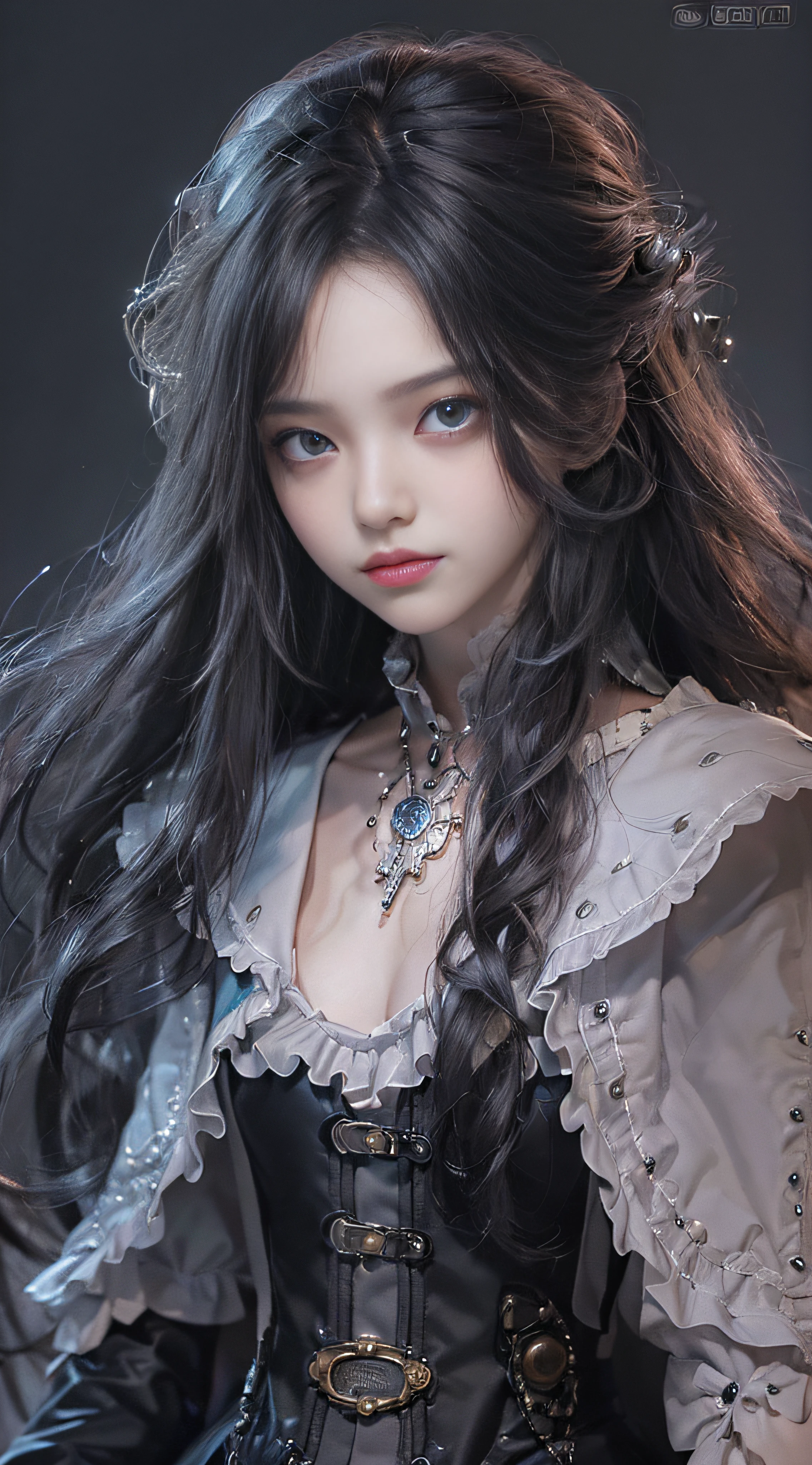 (((Masterpiece, top quality, ultra-detailed))), (((1 Infinity Mage Girl))), 14 years old, (((very detailed face))), small thin nose, small thin-lipped mouth, (((very sharp focused eyes))), very large slit precision pale grey eyes, sparkling like jewels. Very long eyelashes, long black hair in black vertical curls, with fringes, ((Steampunk fashion, Gothic Lolita fashion))