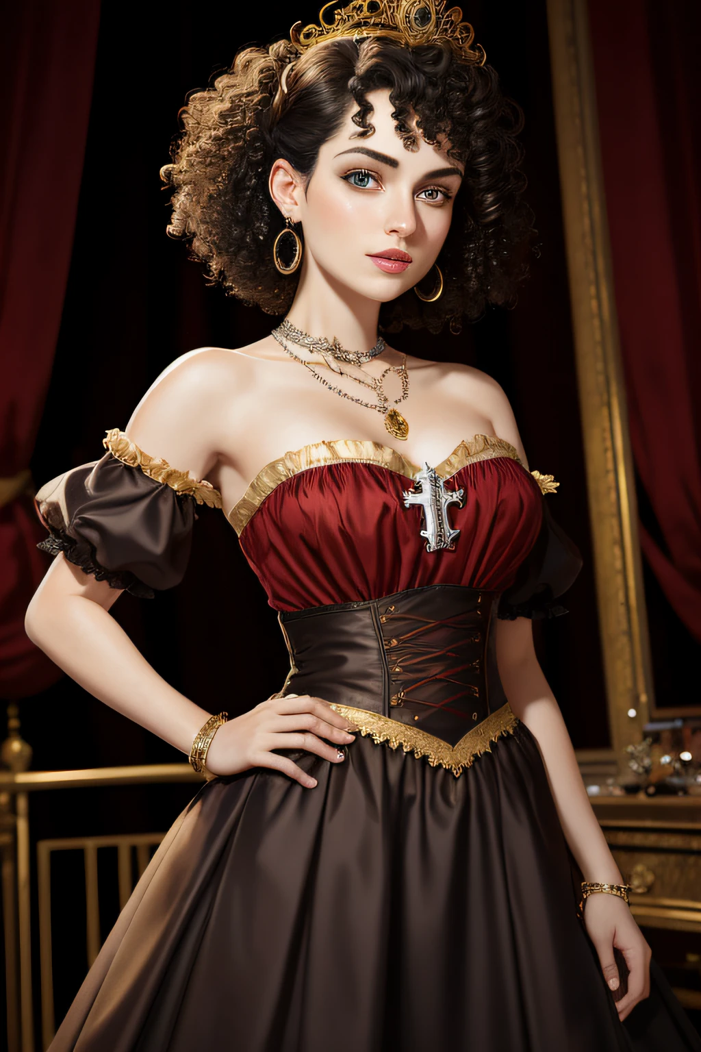 8k, best quality, masterpiece, highly detailed, semi realistic, a girl, young female, 20 years old, dark brown short hair, curly hair, banks, dark purple eyes, red lips, gorgeous Rococo style court dress, strapless skirt, cross tie vest, bare shoulders, arm puffy sleeves, gold gem necklace, slim figure, silver crown, cool expression