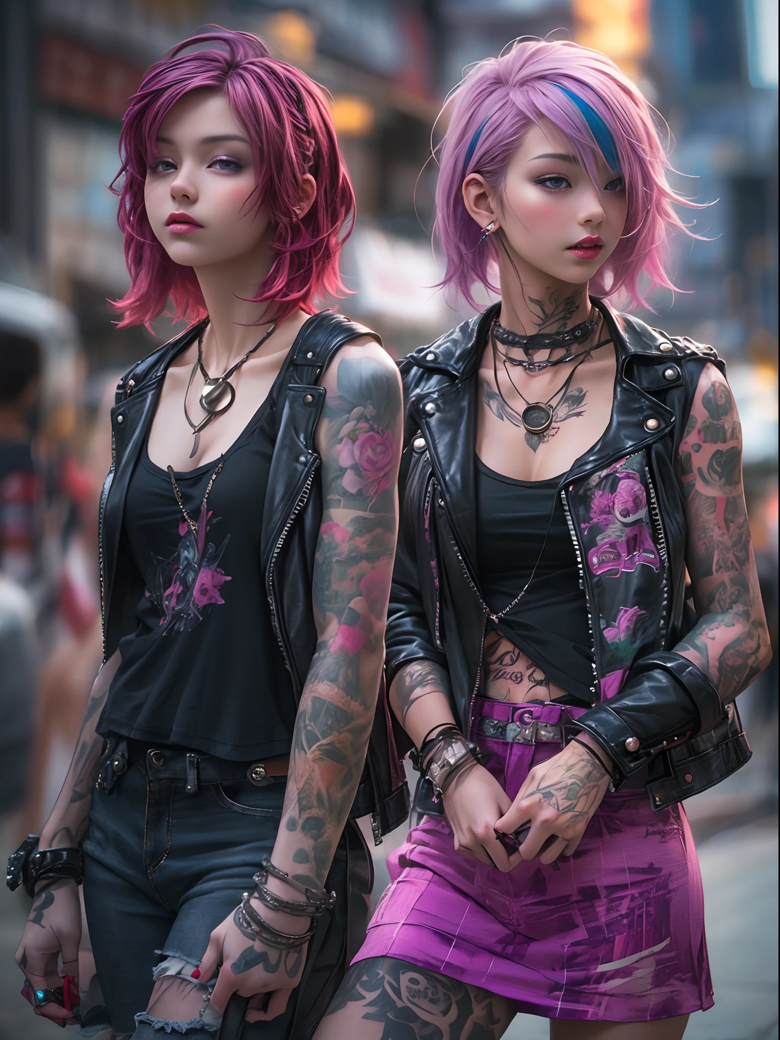 (((of the highest quality: 1.4))),(unparalleled masterpiece ever), (Ultra high definition),(Ultra-realistic 8K CG), offcial art、
(((adult body))), (((1girl in))), ((( Bob Shorthair ))), Punk girl with a perfect body,
Jacket with metal spines,Beautiful and well-groomed face,,Detailed punk fashion,leather jackets, black bra
(Image from head to thigh),((Pink Bob Shorthair )), Small leather panties, Simon Bisley's urban savage style,
Detailed street background of London,
Clean abs, Complex graphics, dark pink with white stars and gray and white stripes,,, (( Many poisonous tattoos )), piercings,