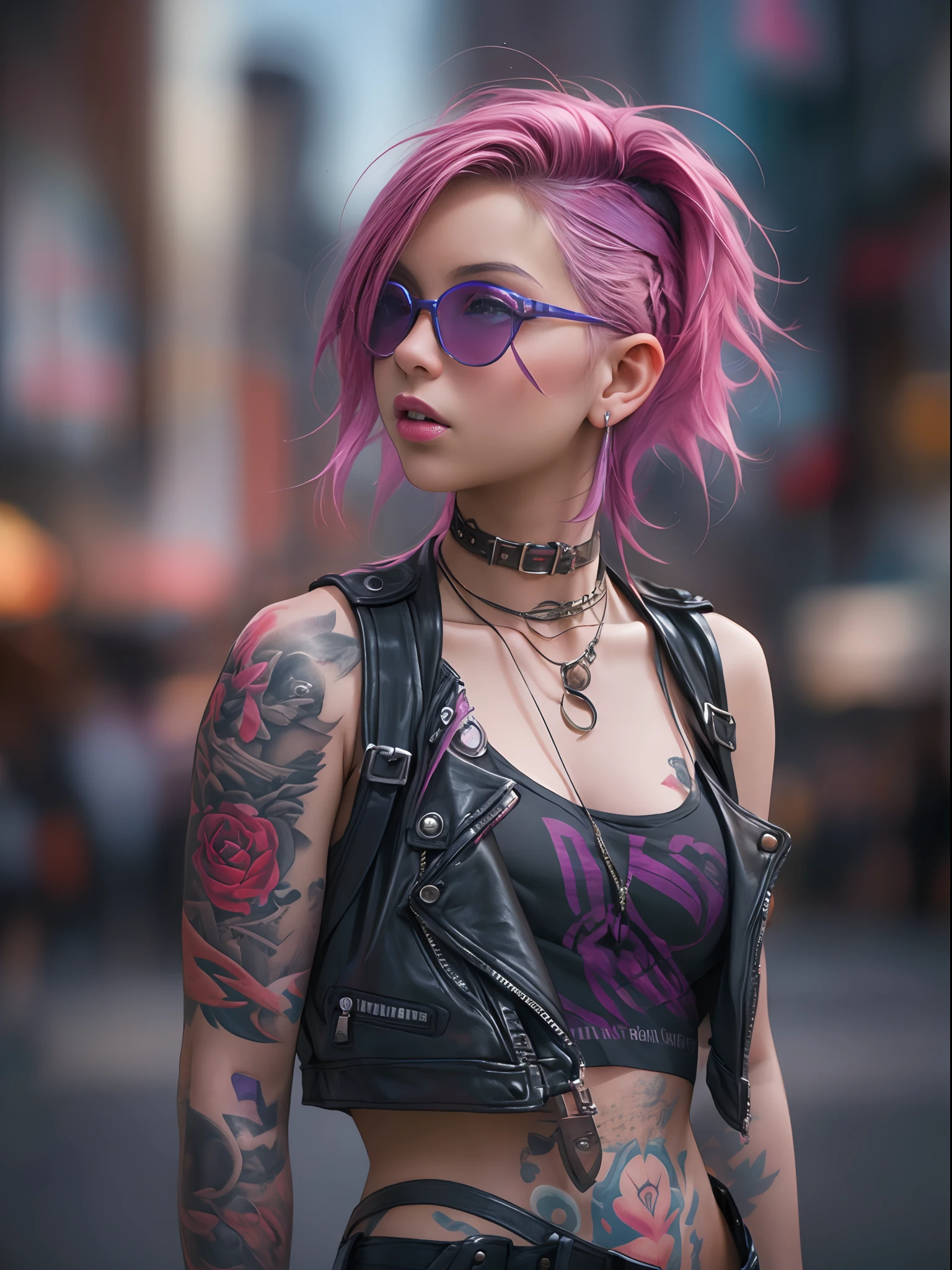 Photograph of a cute 18 year old punk girl,、(top-quality、in 8K、32K、​masterpiece、((NSFW)))、(Photorealistic:1.4),Fancy makeup, shapeless punk hair,punk fashion、tank top, leather jacket, miniskirts,  pink-hair, red hair, purple hair multicolor hair、Tattoos,、city streets Background、Backlight effect、depth of fields,blurry background.