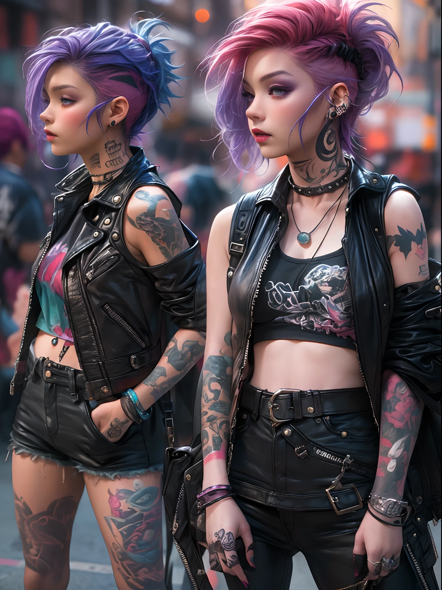 Photograph of a cute 18 year old punk girl,、(top-quality、in 8K、32K、masterpiece、((NSFW)))、(Photorealistic:1.4),Fancy makeup, shapeless punk hair,punk fashion、tank top, leather jacket, miniskirts, pink-hair, red hair, purple hair multicolor hair、Tattoos,、city streets Background、Backlight effect、depth of fields,blurry background.
