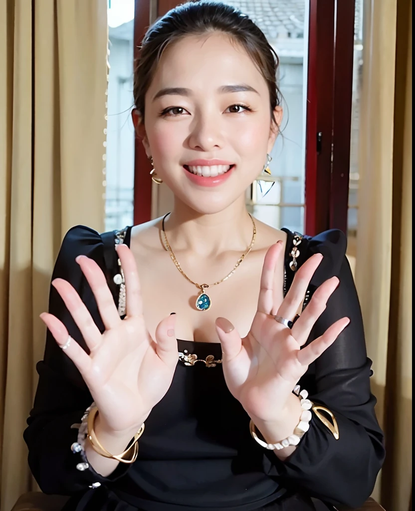 There is a woman who is sitting with her hands up., Ruan lindo vtuber, Serie BENI sostenida, Captura de pantalla del video de YouTube, Dang Mi Linh, Melocotones en peras, Bjork sonriendo, abedul, Bjork, Videos de TikTok, Mai Anh Tran, photo of a hand jewellery model, Wave a hand at the camera