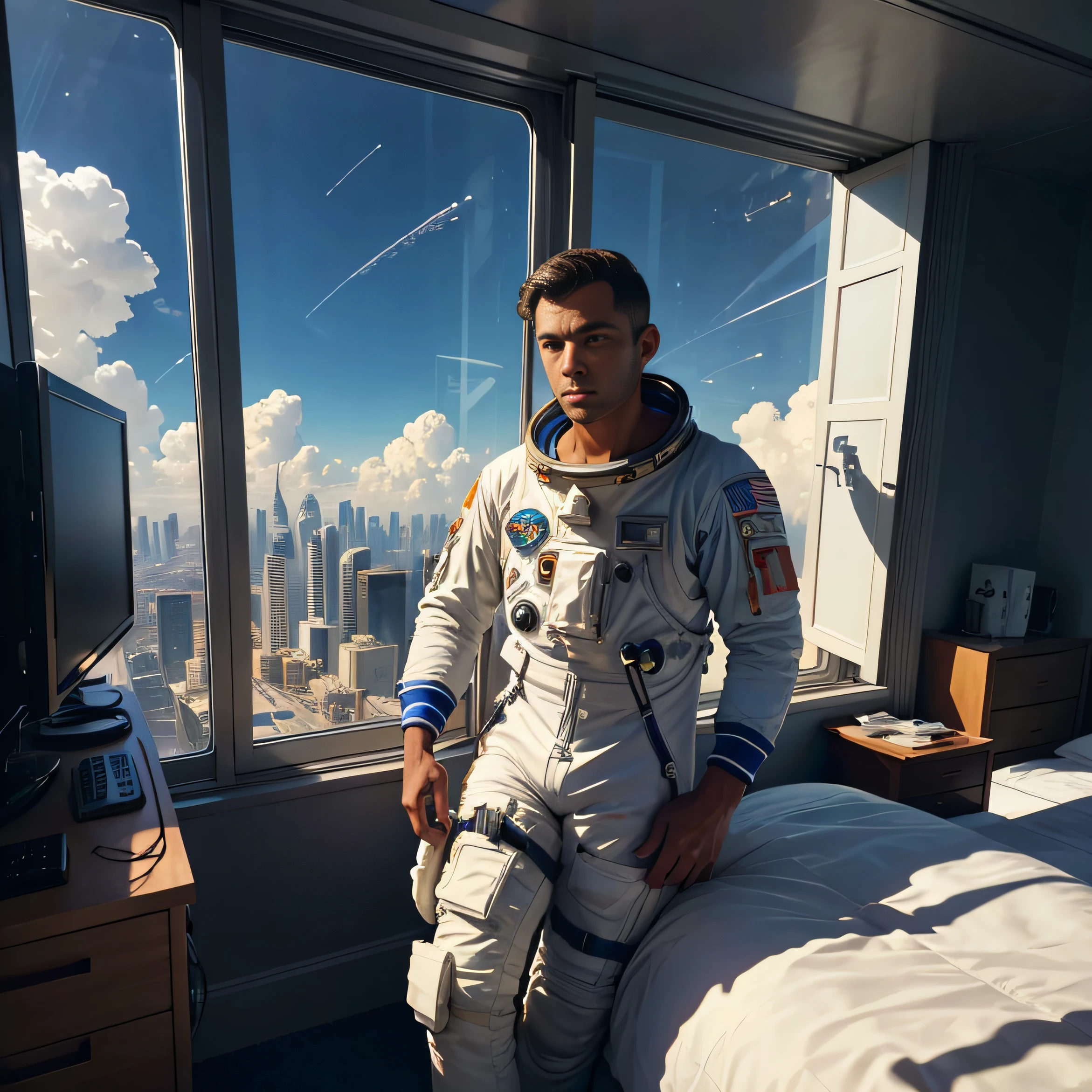 Young male astronaut wakes up in a huge bed in a giant room of a skyscraper. description: The room is spacious, Add tall, large windows in the room in a panoramic view of the scene, com uma cama grande no centro. grande, Tall windows offer an impressive view of a sunny metropolis. Add a blue sky with clouds in the sky, Add panoramic view to the entire scene, Adicionar tinta foscainspirada em Syd Mead, Adicione hiper-realismo no corpo masculino astronauta, Set well with details fingers and hands, pernas e rosto, roupa do astronauta bem definida