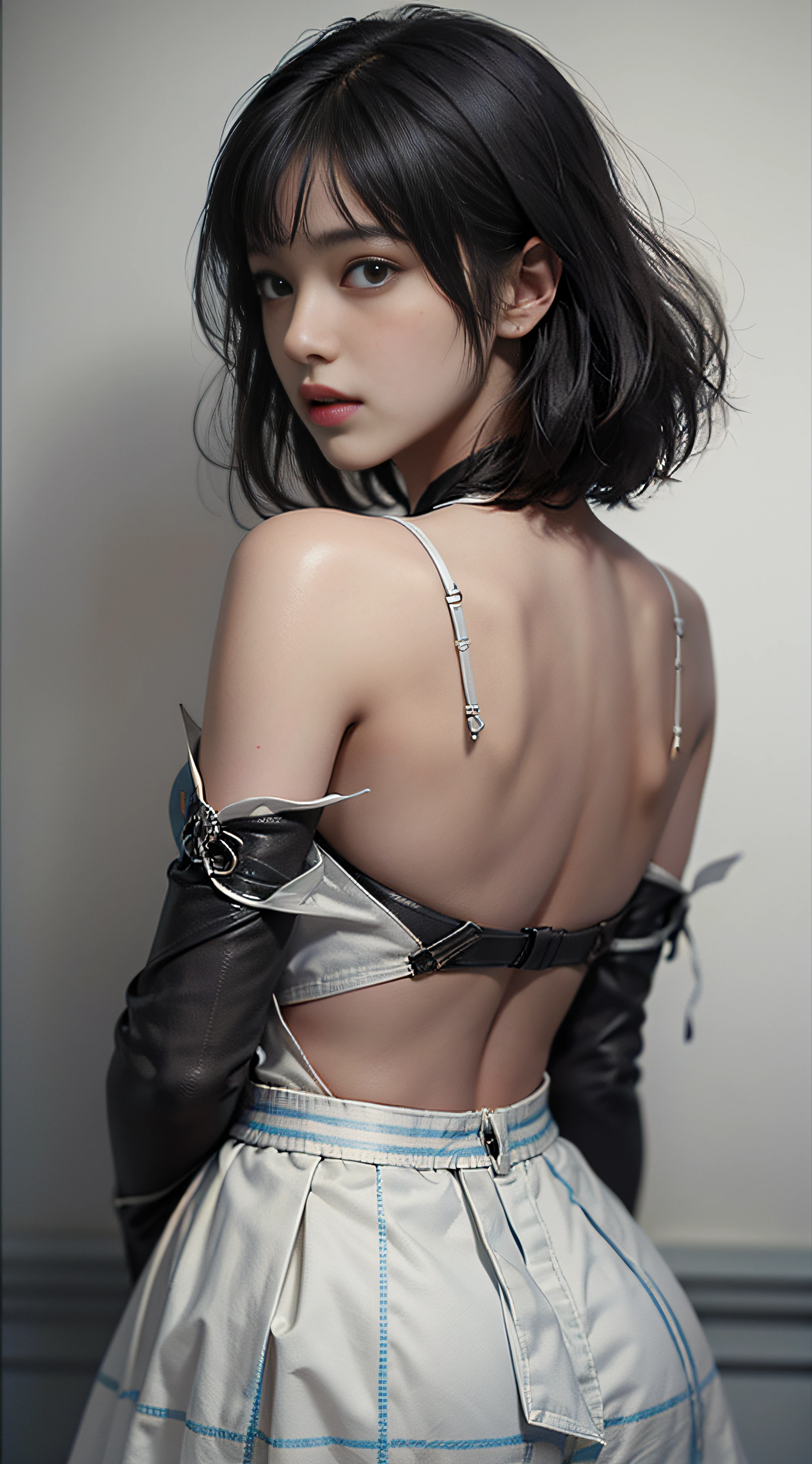 (((Masterpiece, top quality, super detailed))), (((high definition face))),  female, (((overall accuracy has improved dramatically, creating a super detailed and realistic image))), (((short black bob, thick puffy bangs ))), hair blowing in the wind, long slit large dark long eyelashes, thin nose, small mouth, thin lips, natural makeup, thin body, thin neck, slender shoulders, narrow shoulders, small breasts, long thin arms, very thin waist, very small buttocks, long thin legs, wearing a large white blouse and tartan check skirt, body facing front Taken against a white wall, natural summer light, summer shadows, deep depth of field, HDR (High Dynamic Range), Ray Tracing, NVIDIA RTX, Super Resolution, Unreal 5, Subsurface Scattering, PBR Texturing, Post-Processing, Anisotropic Filtering, Depth of Field, Maximum Clarity and Sharpness, Multilayer Textures, Albedo and Specular Maps, Surface Shading, Accurate Simulation Light Material Interaction, Perfect Proportions, Octane Rendering, Two-Tone Lighting, Wide Aperture, Low ISO, White Balance, Rule of Thirds, 16K RAW,