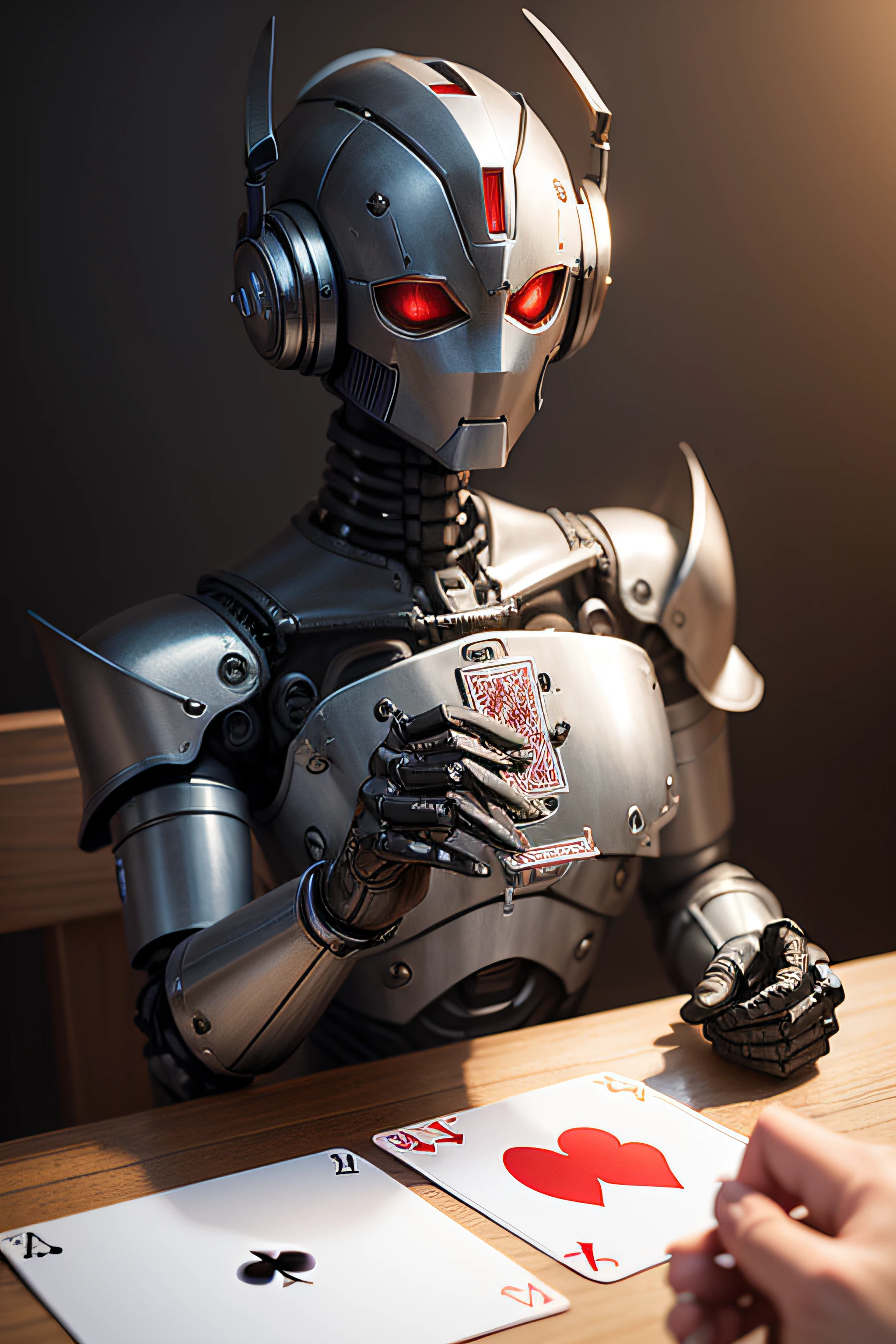 Create a realistic image of a robot hand made of iron holding 3 units of playing cards."