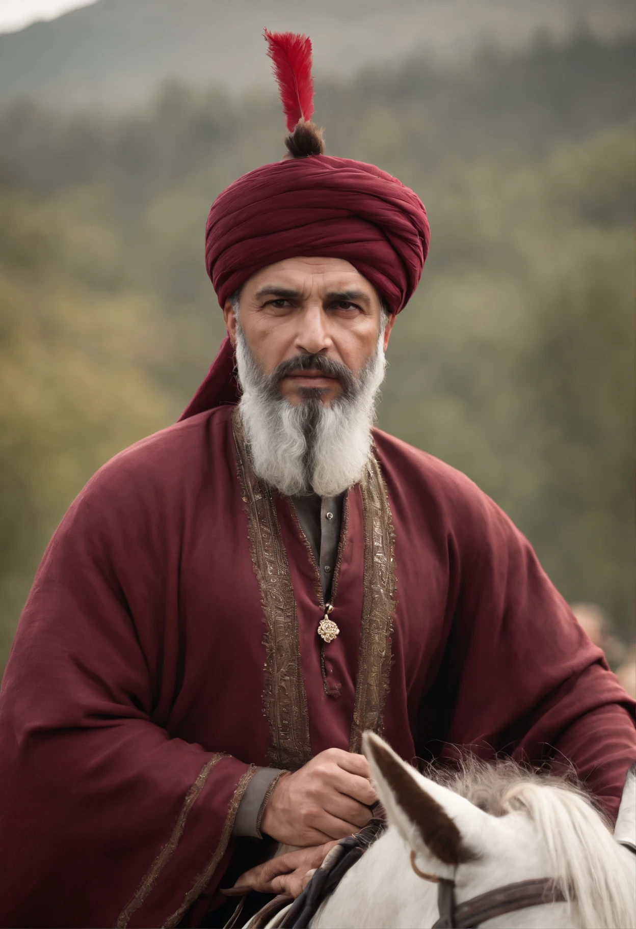 an ottoman pasha has a big turban on his head the color of the turban is white and burgundy very realistic on his horse like a real photograph he has an ottoman sword in his hand angry looking eyes an imposing stance very realistic he is wearing a thick ottoman caftan on his photo very realistic like a scene from a movie he has a long muslim beard dark auburn muscular man his muscles are big scary close-up facial features very distinct eyes and face very distinct caftan long very realistic very angry looking very angry very angry 55 years old