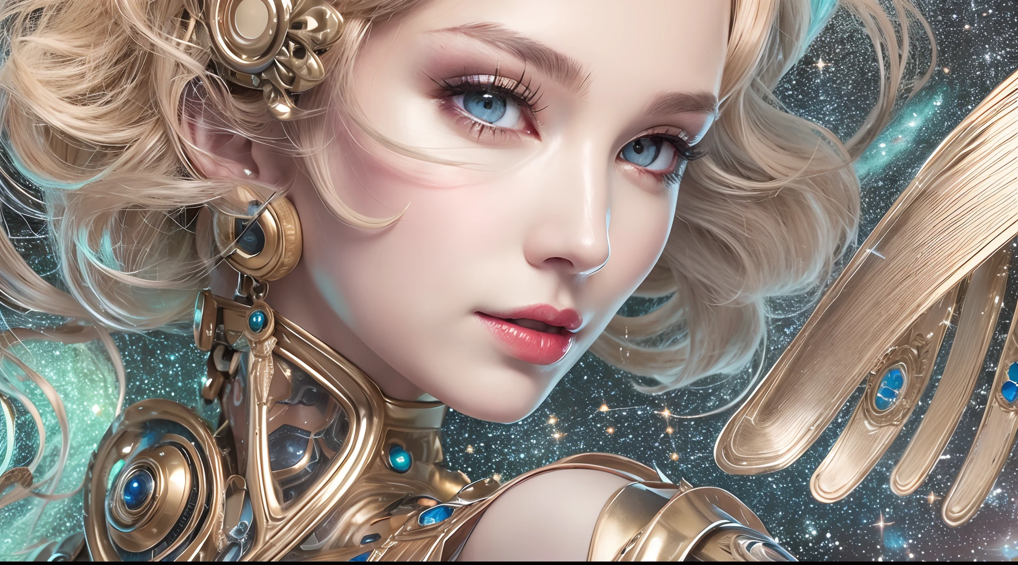 Metallic glossy robot joints fine metal wing，Real human skin，Attractive eyes are very detailed，Curled lips，Elegant smile，blonde beautiful，obi strip，nebula background