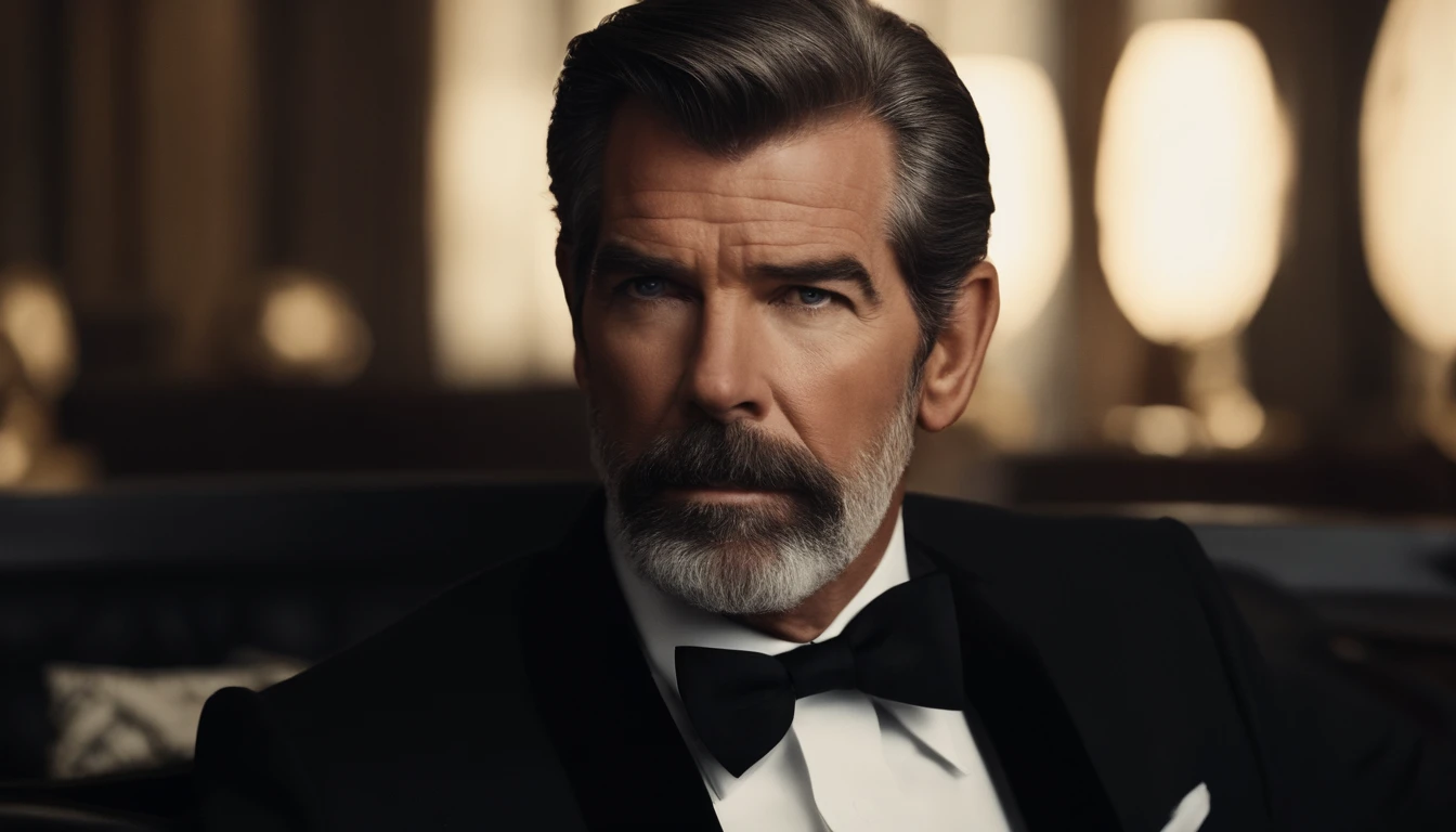 imagem de um homem com barba e terno em cima de uma pilha de ossos, Pierce Brosnan como James Bond, Pierce Brosnan, rosto nitido e detalhado, bonito, homem bonito, homem de cabelos grisalhos escuros, inspired by Józef Brandt, ele tem barba e cabelos grisalhos, serious look, homem atraente, Retrato tirado 8 K, Homem de 5 0 anos, inspirado em George Lucas