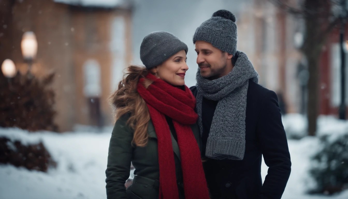 woman in winter and her husband fixing her scarf and putting a hat on her ultra realistic 8k