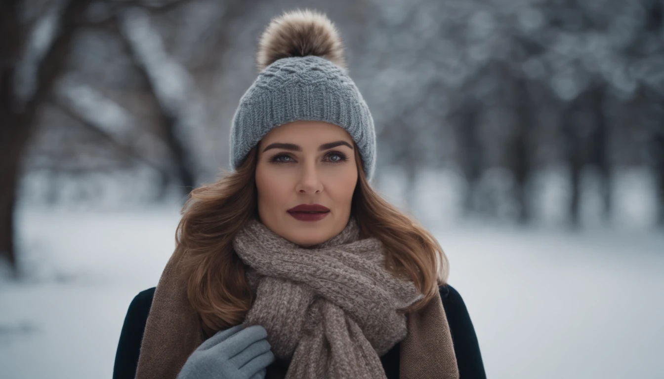 woman in winter and her husband fixing the scarf and putting a hat on the woman's head ultra realistic 8k
