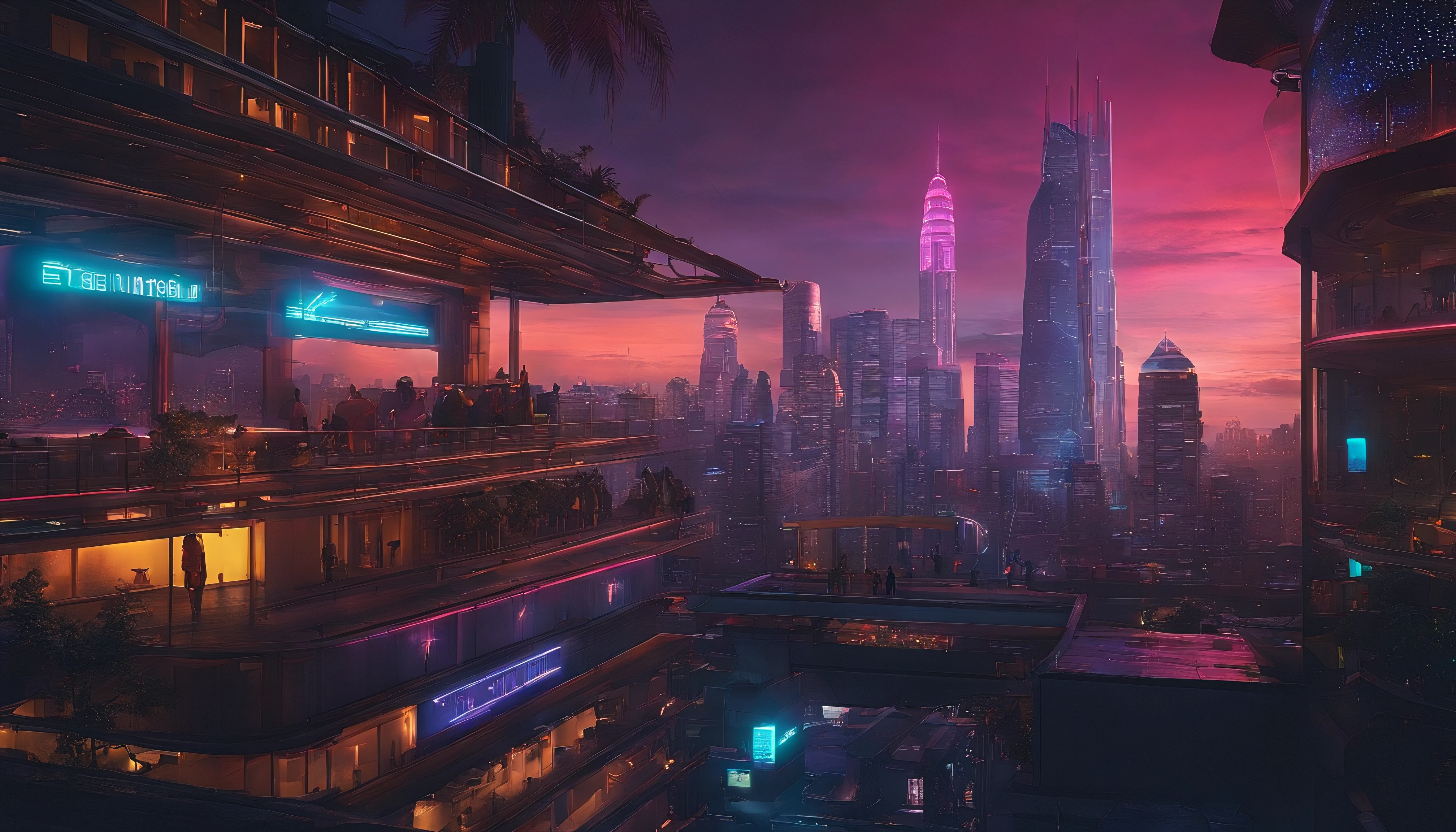 (obra prima) cidade no estilo cyberpunk, illuminated sky, neon light, imagem vista do zero, paisagem ampla, cidade futurista