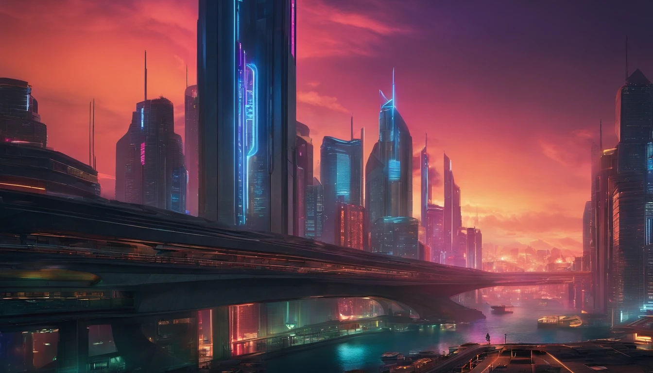 (obra prima) cidade no estilo cyberpunk, illuminated sky, neon light, imagem vista do zero, paisagem ampla, cidade futurista