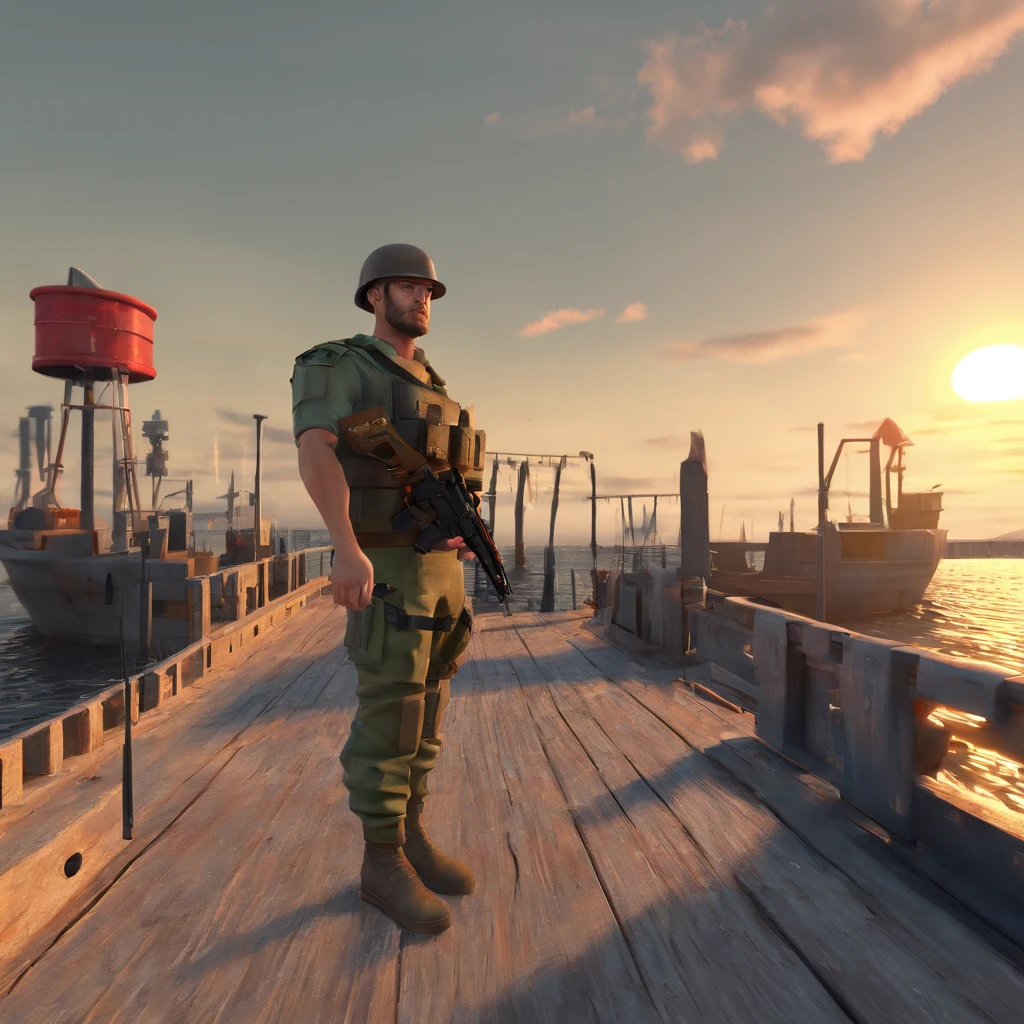 absurd resolution, high resolution, (master part: 1.4), hiper-detalhe, Weapons test site on an empty waterfront dock, 1 jovem mulher, cabelos ruivos curtos, traje de soldado, very serious expression