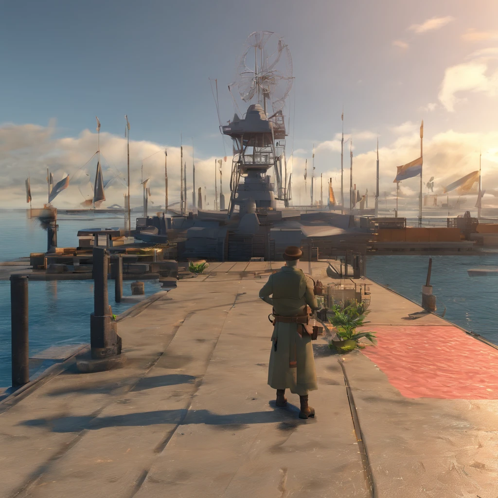 absurd resolution, high resolution, (master part: 1.4), hiper-detalhe, Weapons test site on an empty waterfront dock, 1 jovem mulher, cabelos ruivos curtos, traje de soldado, very serious expression