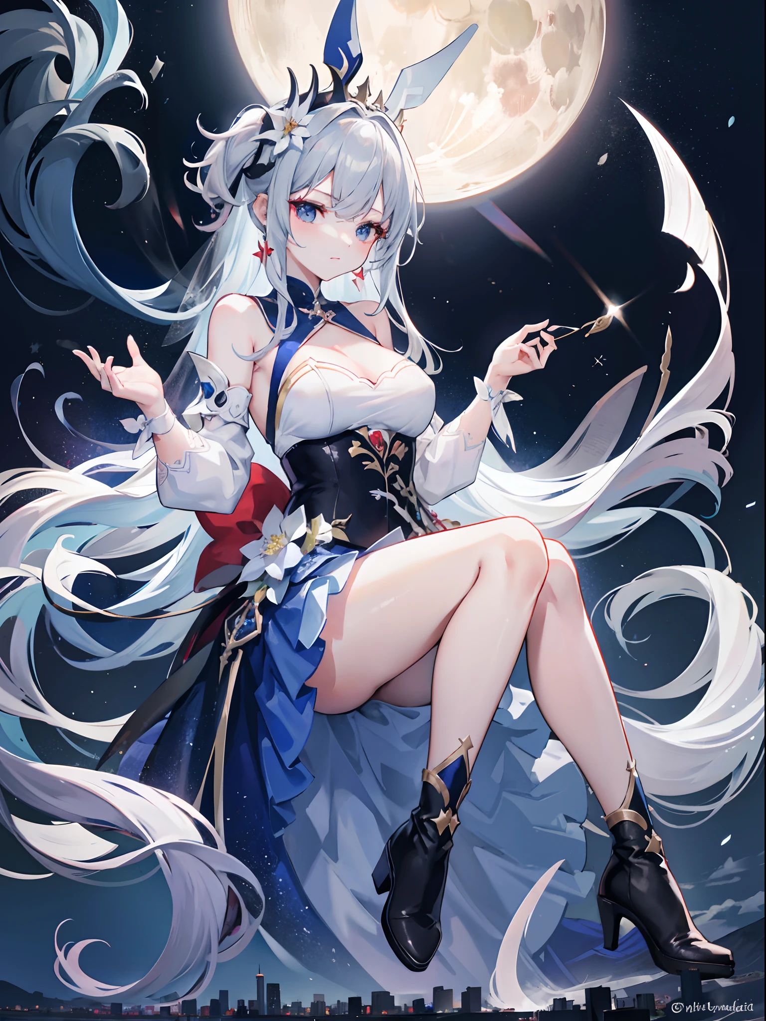 Jingliu from honkai star rail, silver hair, blindfold, beautiful, city, high res, ultrasharp, 8k, masterpiece, looking at viewer, sword, veil with silver crescent moon in the middle, elegant dress with a palette of black, dark blue and white with designs of moon phases, blue ribbon in her hair and a red ribbon on the hip and back of the dress, dark boots