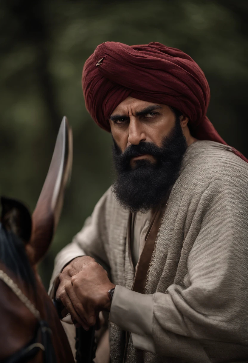 an ottoman pasha has a big turban on his head the color of the turban is white and burgundy very realistic on his horse like a real photograph he has an ottoman sword in his hand angry looking eyes an imposing stance very realistic he is wearing a thick ottoman caftan on his photo very realistic like a scene from a movie he has a long muslim beard dark auburn muscular man his muscles are big scary close-up facial features very distinct eyes and face very distinct caftan long very realistic very angry looking very angry very angry 60 years old